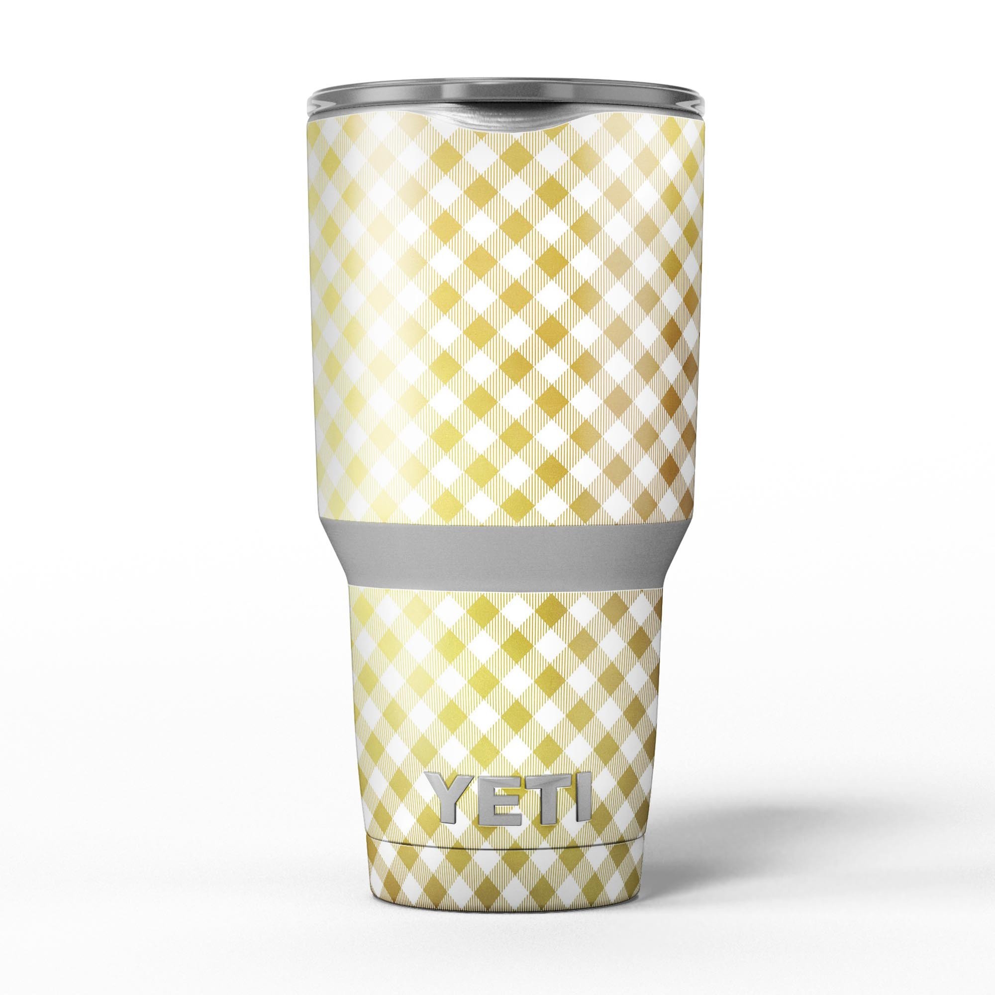 Gold and White Plaid Picnic Table Pattern Skin Decal Vinyl Wrap Kit for Yeti Coolers, showcasing a stylish design and premium quality.