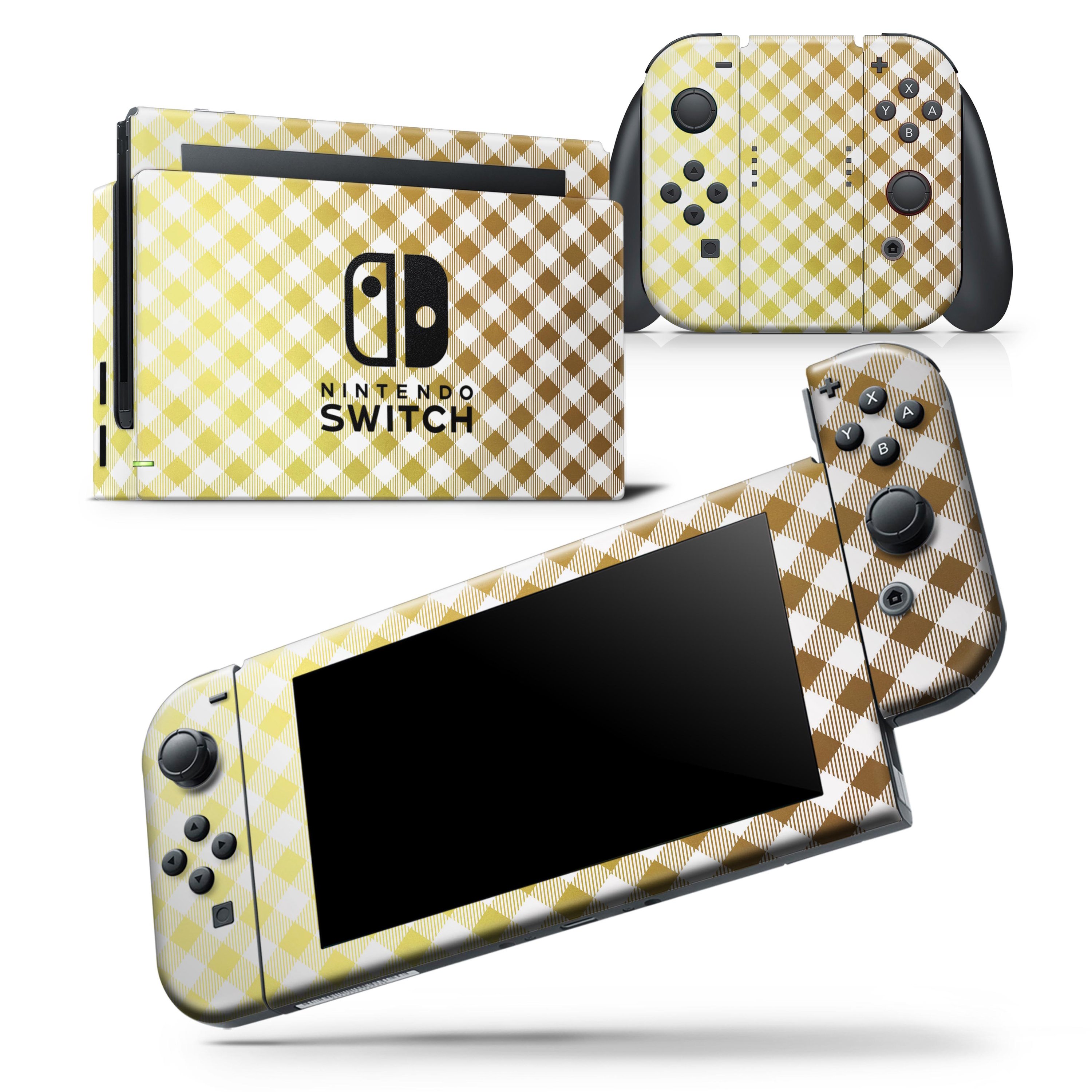 Gold and white plaid picnic table pattern skin wrap decal for Nintendo Switch, showcasing a stylish design that fits snugly on the console and controllers.