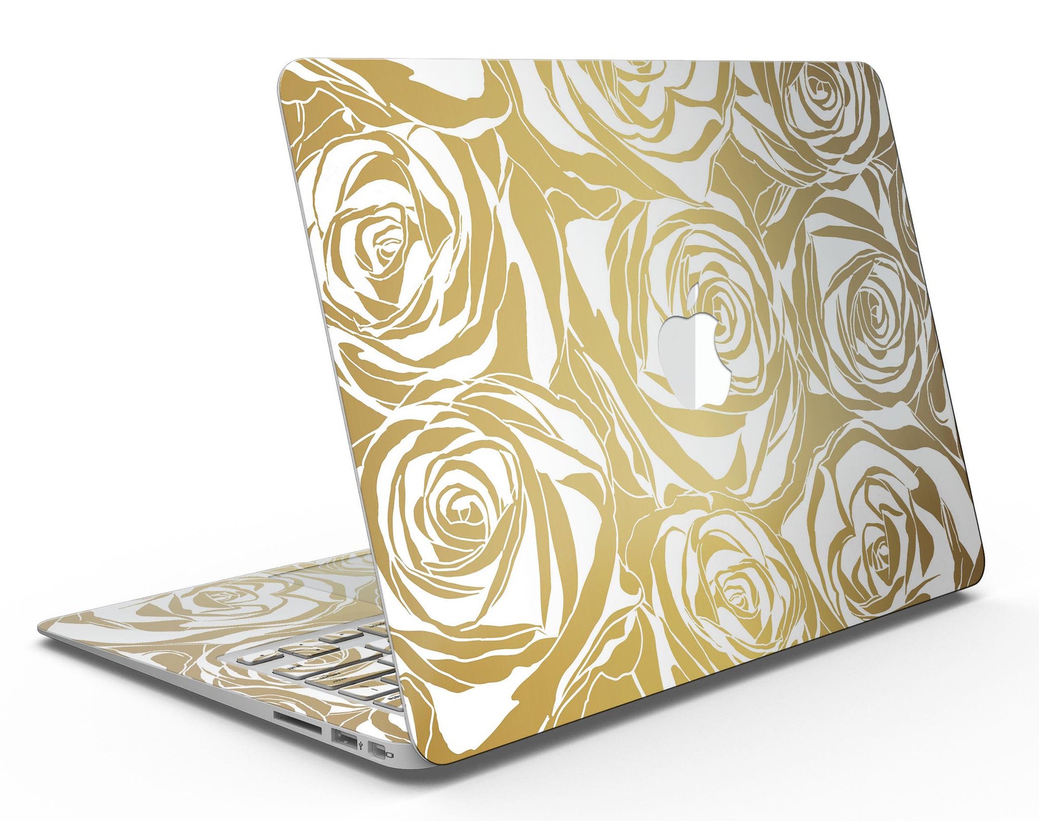 Gold and White Roses MacBook Air Skin Kit showcasing a floral design on a sleek laptop surface.