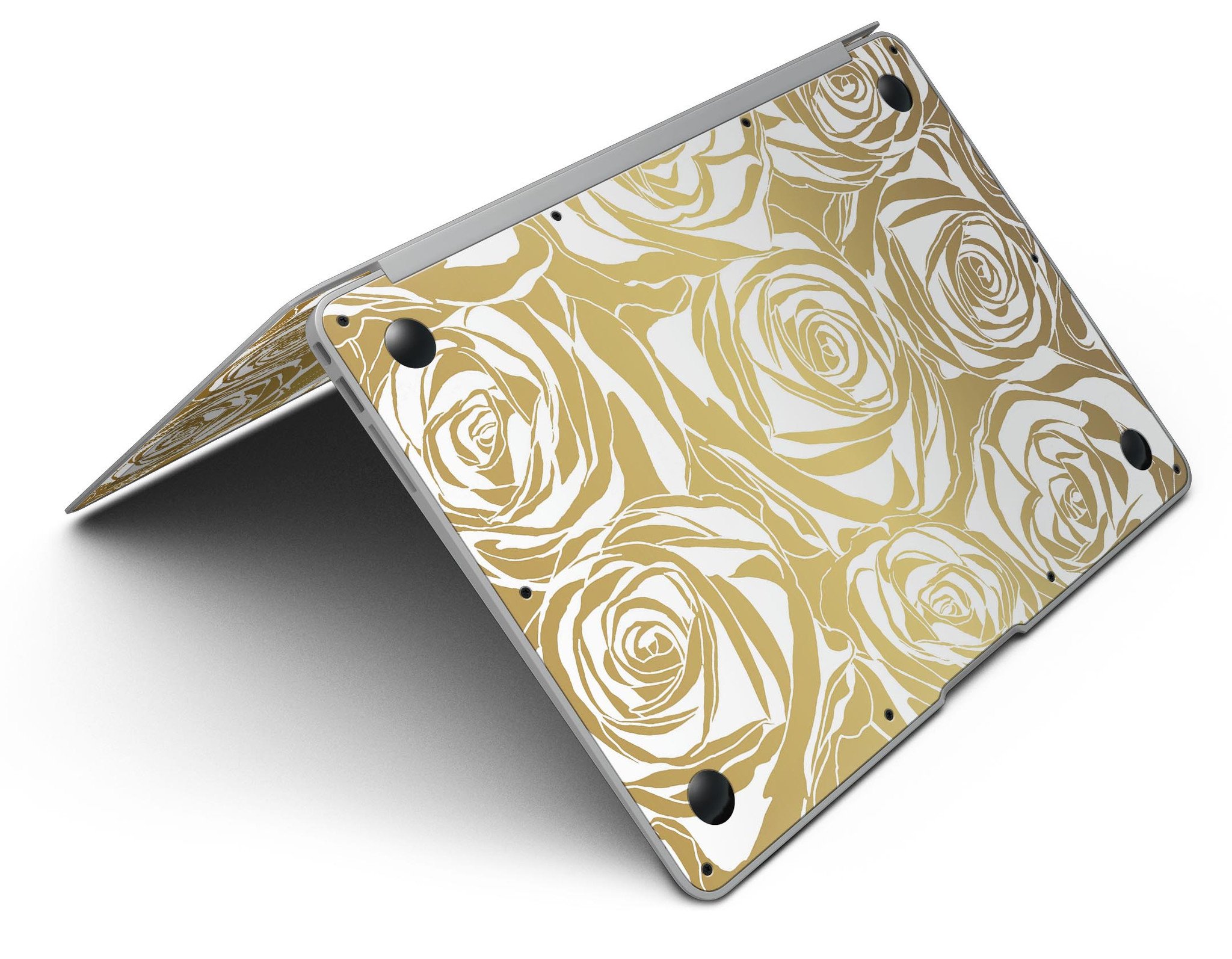 Gold and White Roses MacBook Air Skin Kit showcasing a floral design on a sleek laptop surface.