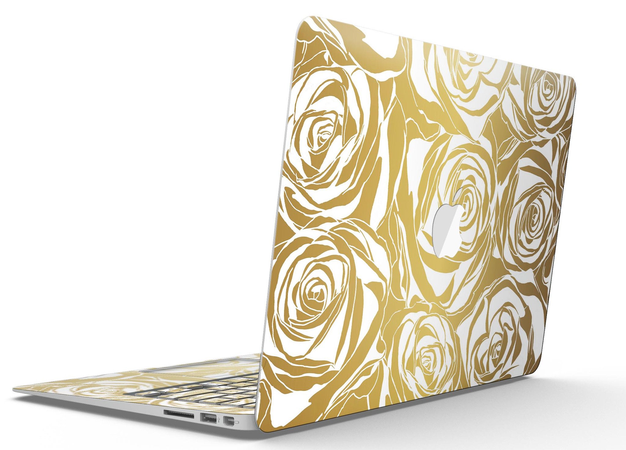 Gold and White Roses MacBook Air Skin Kit showcasing a floral design on a sleek laptop surface.