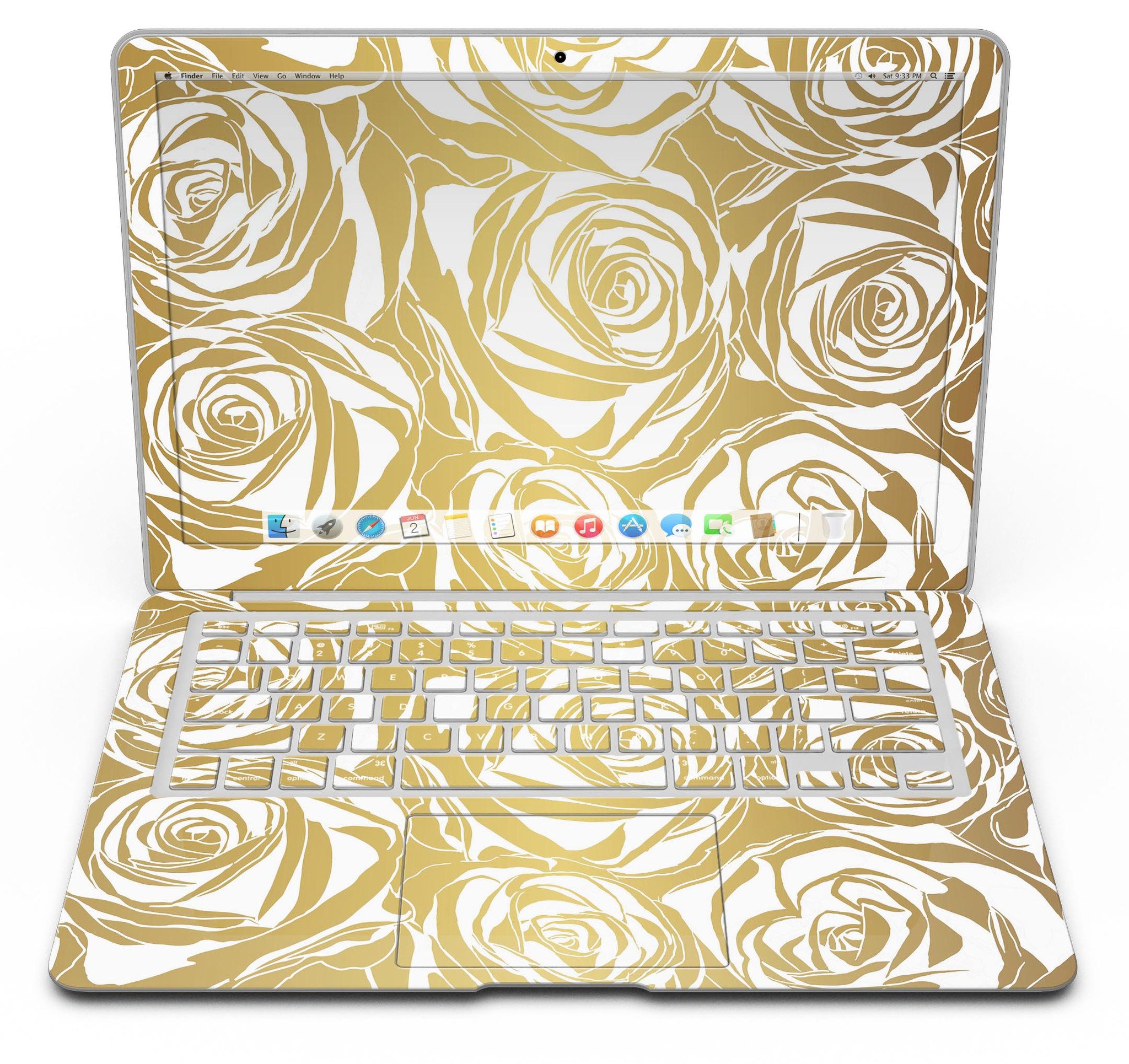 Gold and White Roses MacBook Air Skin Kit showcasing a floral design on a sleek laptop surface.