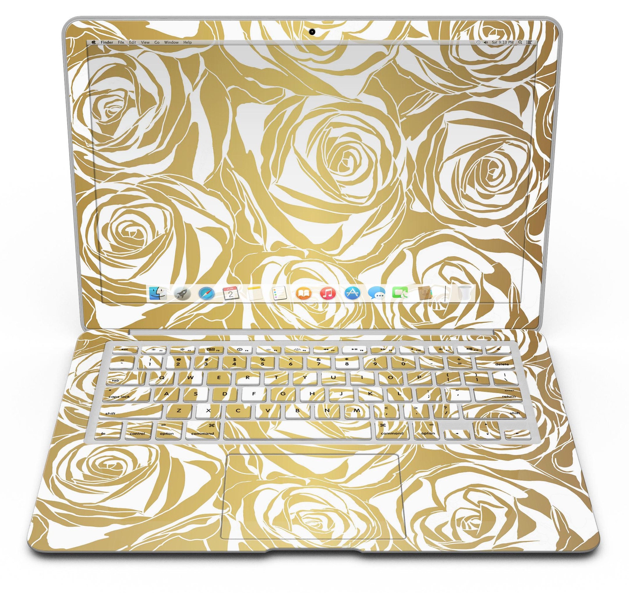 Gold and White Roses MacBook Air Skin Kit showcasing a floral design on a sleek laptop surface.