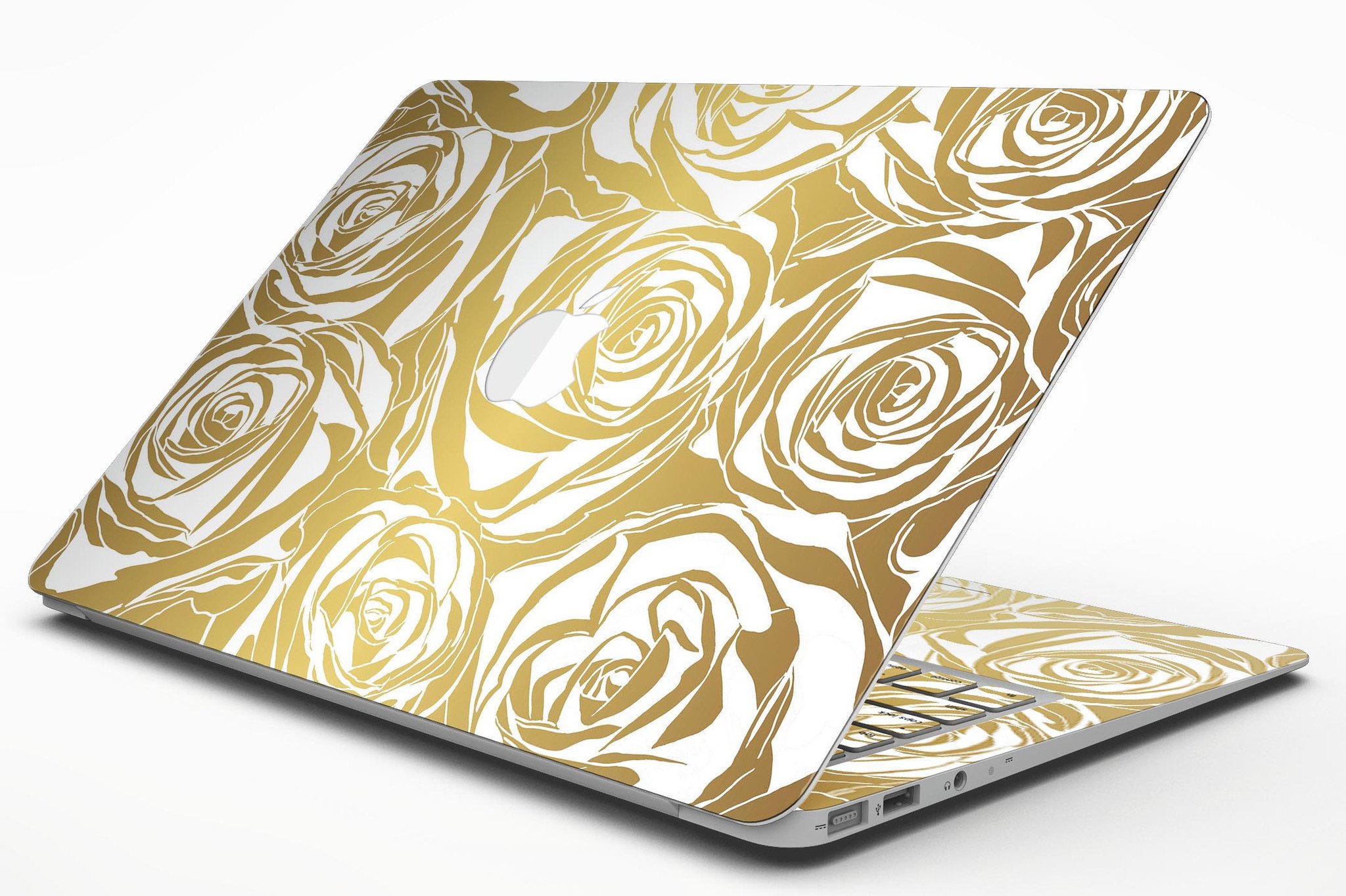 Gold and White Roses MacBook Air Skin Kit showcasing a floral design on a sleek laptop surface.