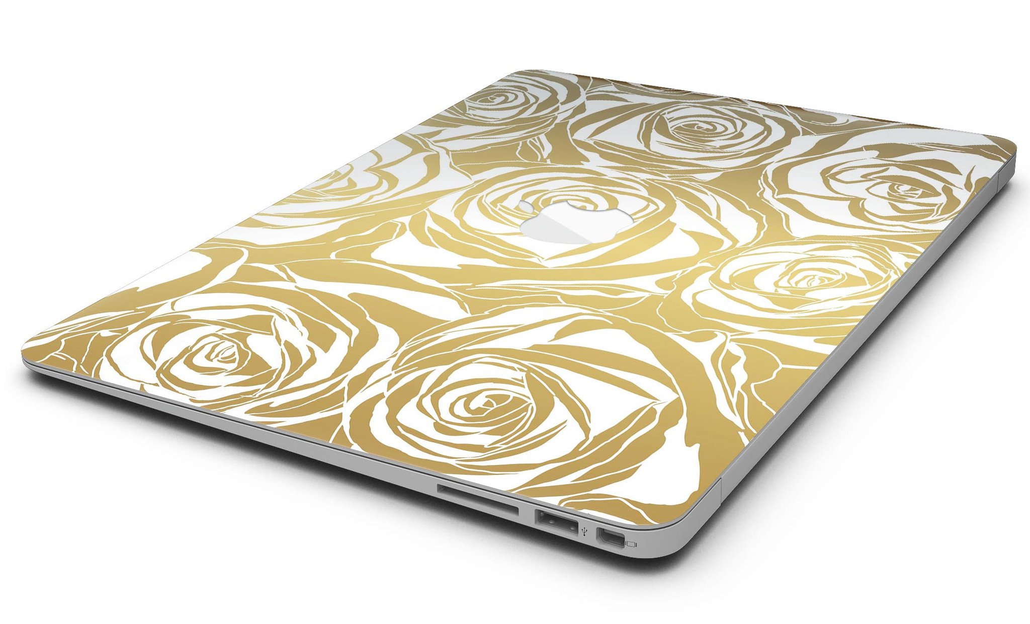 Gold and White Roses MacBook Air Skin Kit showcasing a floral design on a sleek laptop surface.