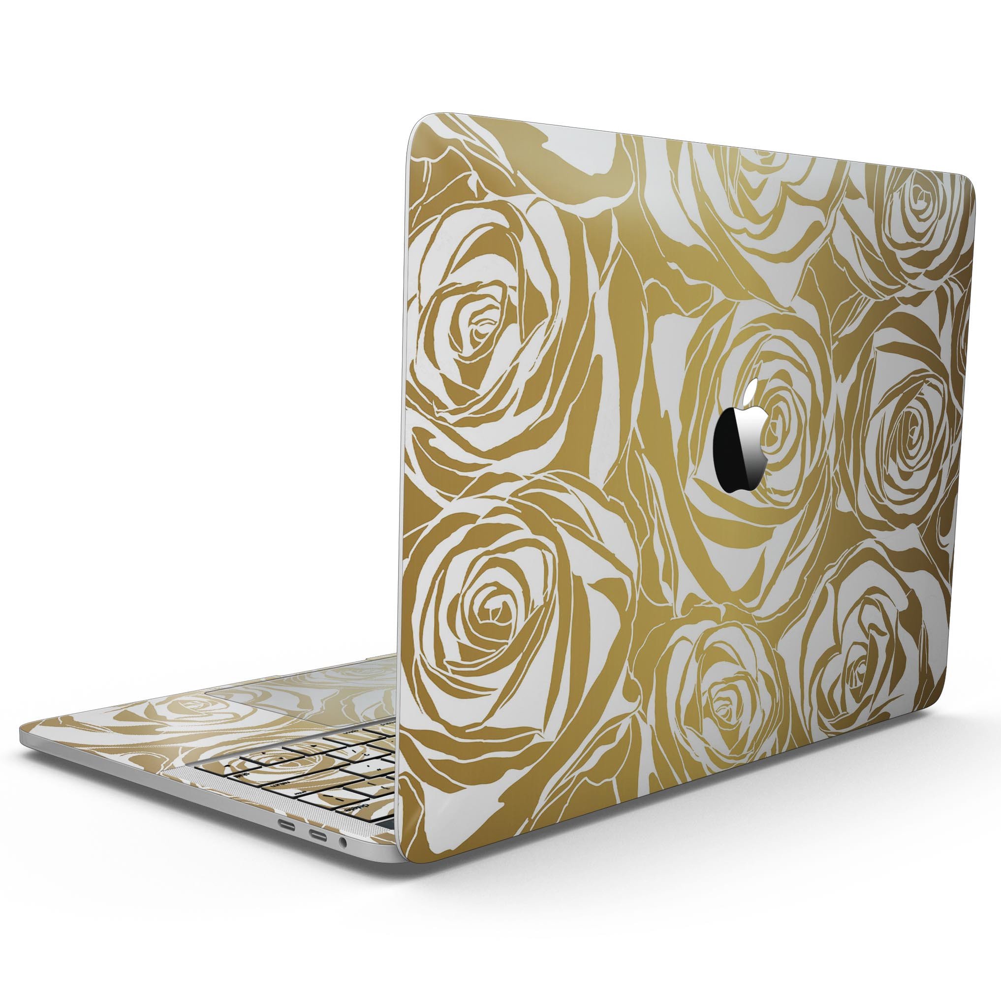 Gold and white roses design skin for MacBook Pro with Touch Bar, showcasing a stylish and protective vinyl cover.