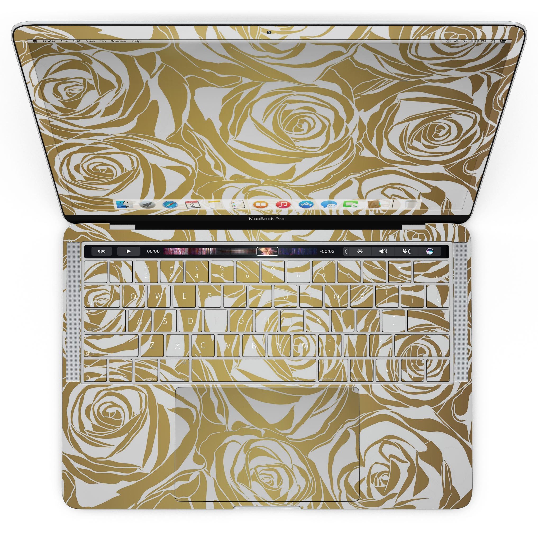 Gold and white roses design skin for MacBook Pro with Touch Bar, showcasing a stylish and protective vinyl cover.