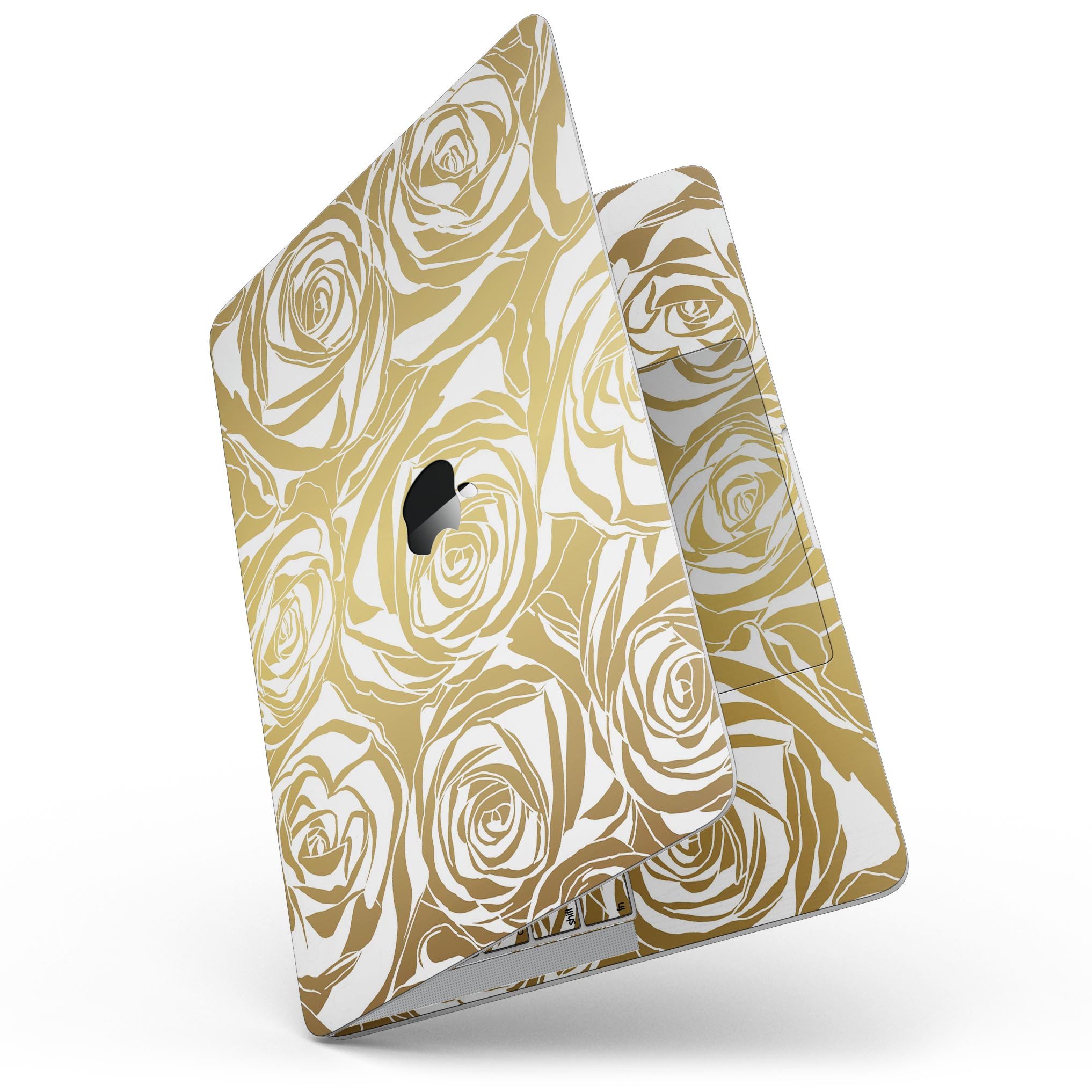 Gold and white roses design skin for MacBook Pro with Touch Bar, showcasing a stylish and protective vinyl cover.