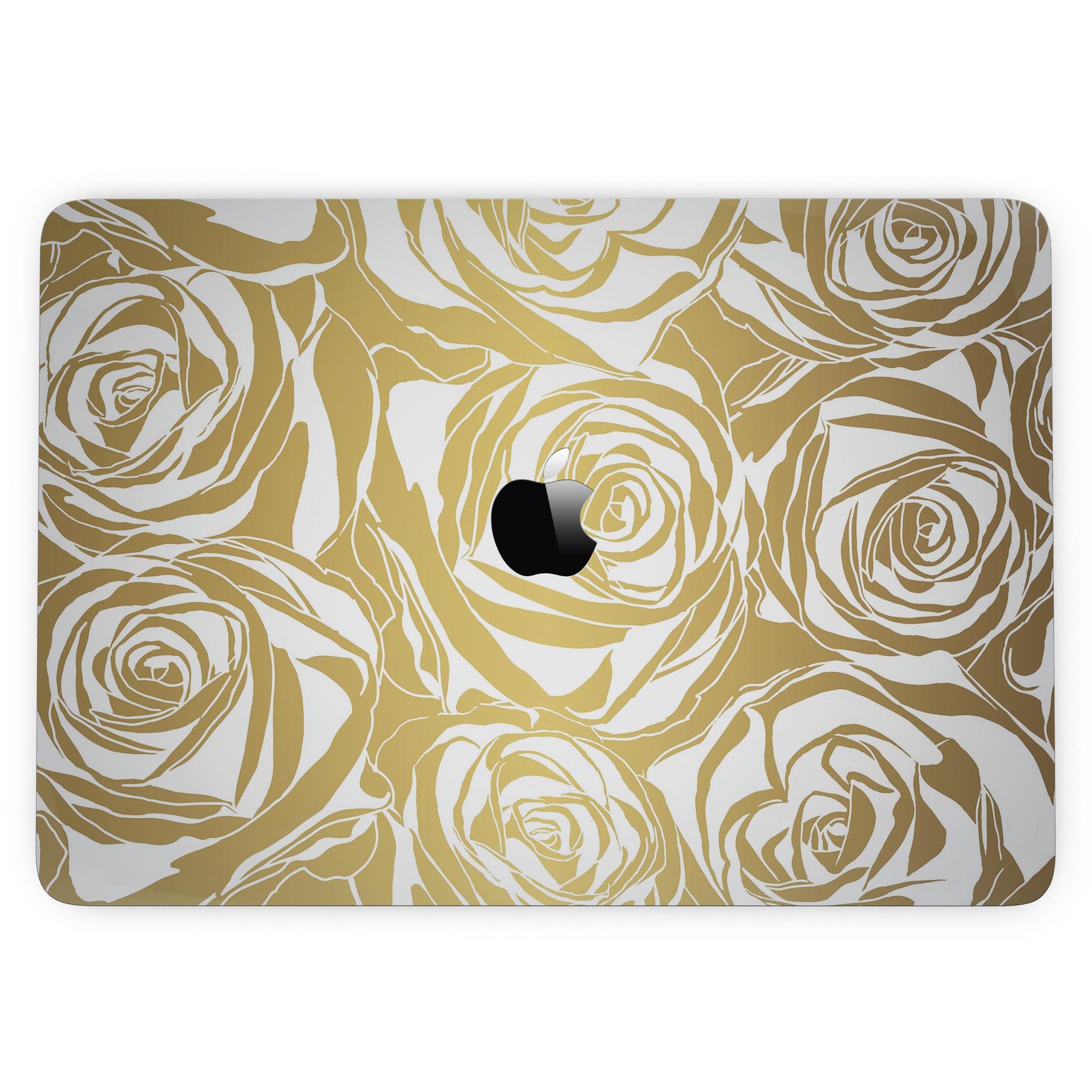 Gold and white roses design skin for MacBook Pro with Touch Bar, showcasing a stylish and protective vinyl cover.