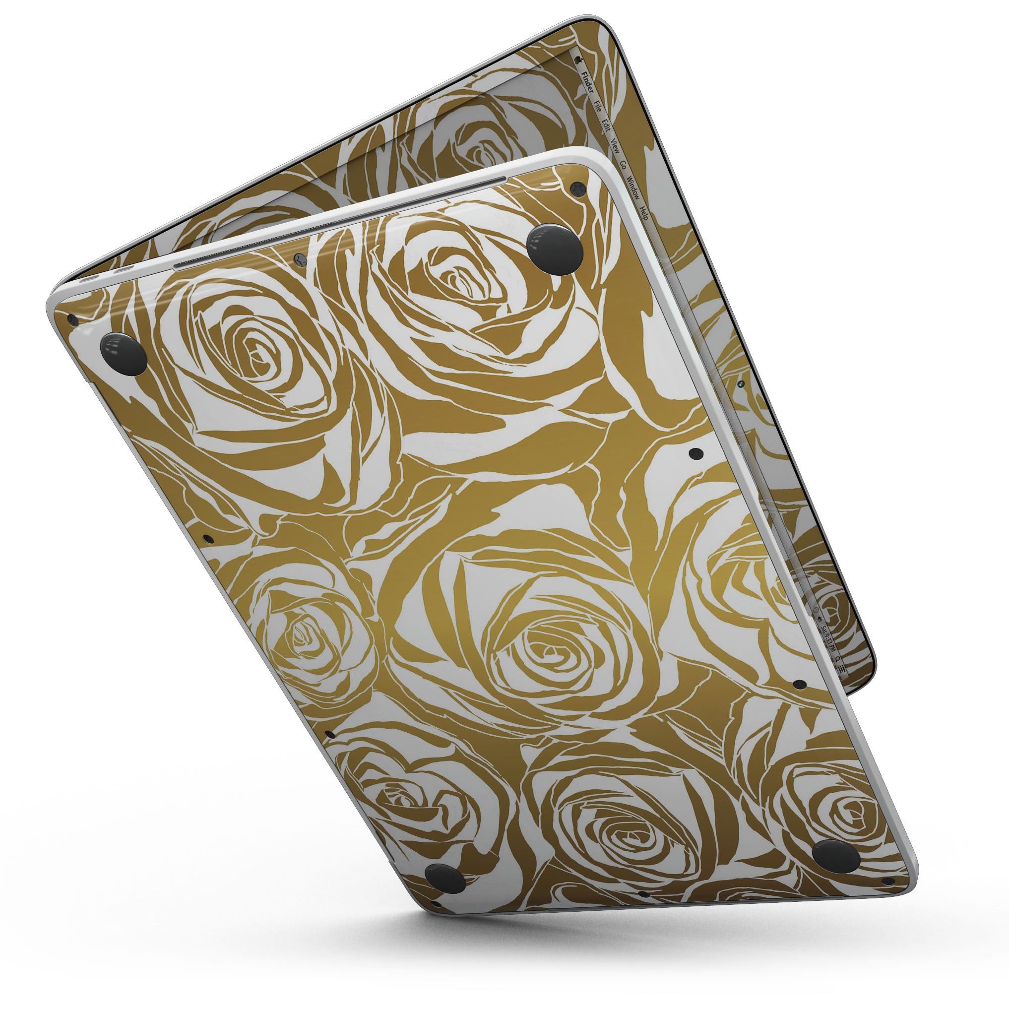 Gold and white roses design skin for MacBook Pro with Touch Bar, showcasing a stylish and protective vinyl cover.