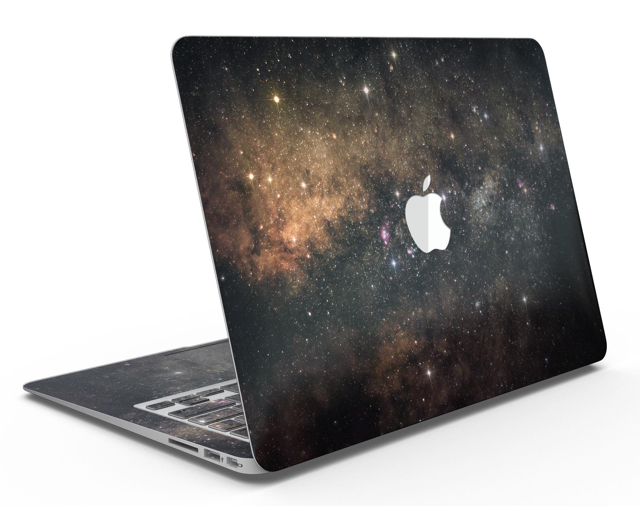 Gold Aura Space MacBook Air Skin Kit showcasing premium vinyl design with gloss finish.