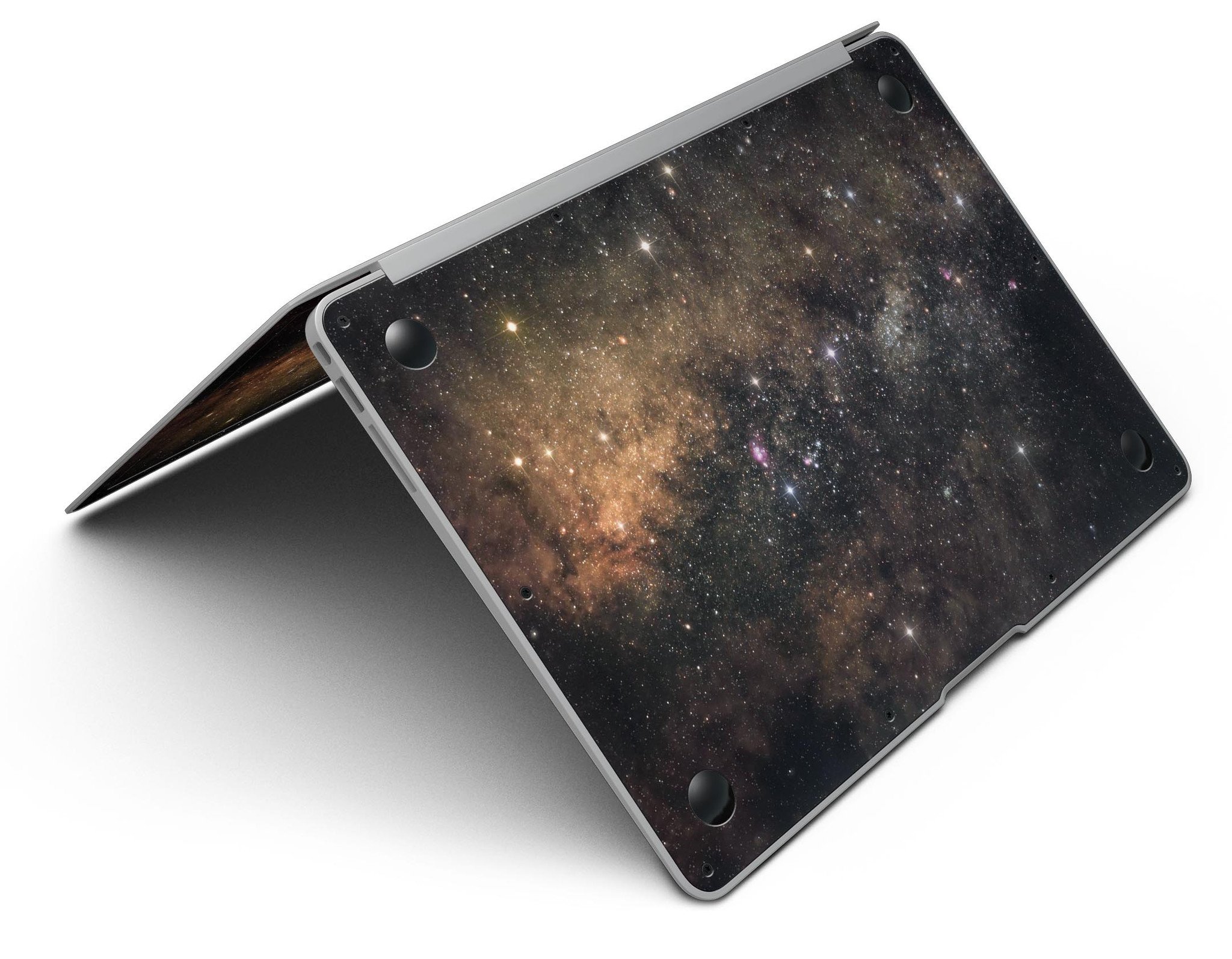 Gold Aura Space MacBook Air Skin Kit showcasing premium vinyl design with gloss finish.