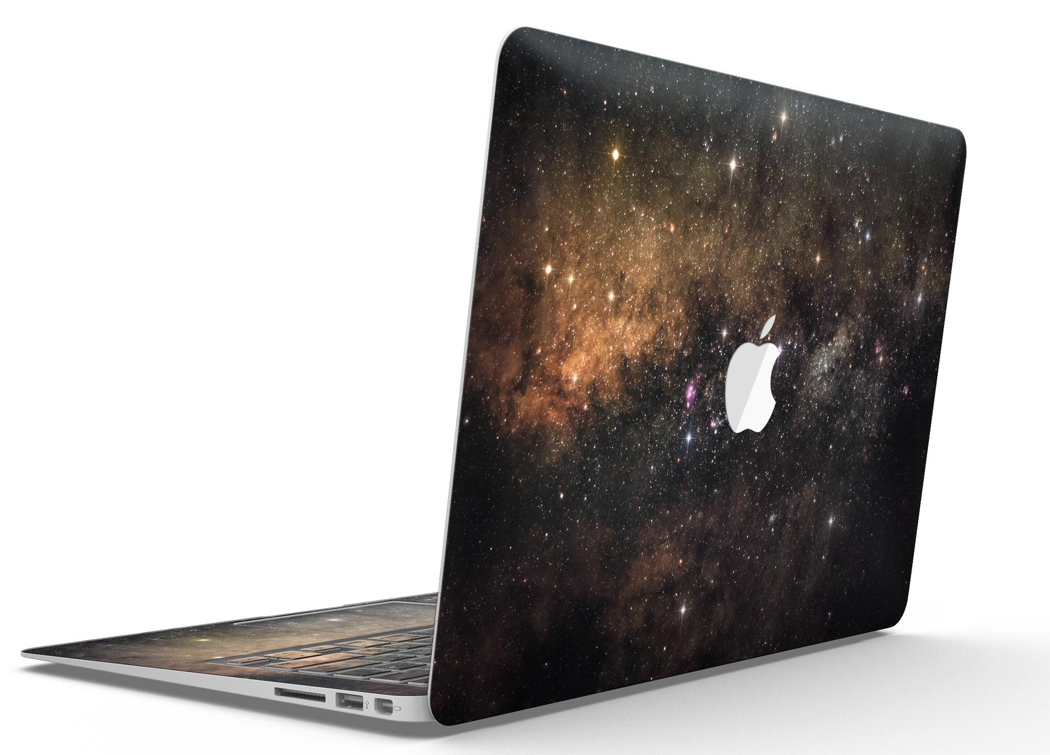 Gold Aura Space MacBook Air Skin Kit showcasing premium vinyl design with gloss finish.