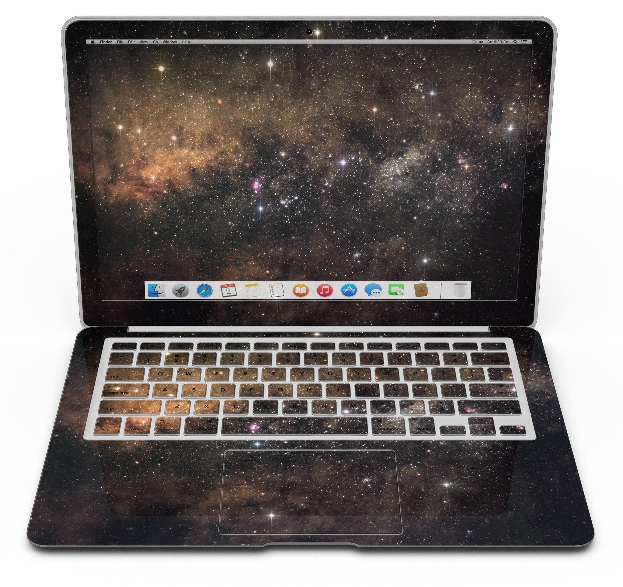 Gold Aura Space MacBook Air Skin Kit showcasing premium vinyl design with gloss finish.