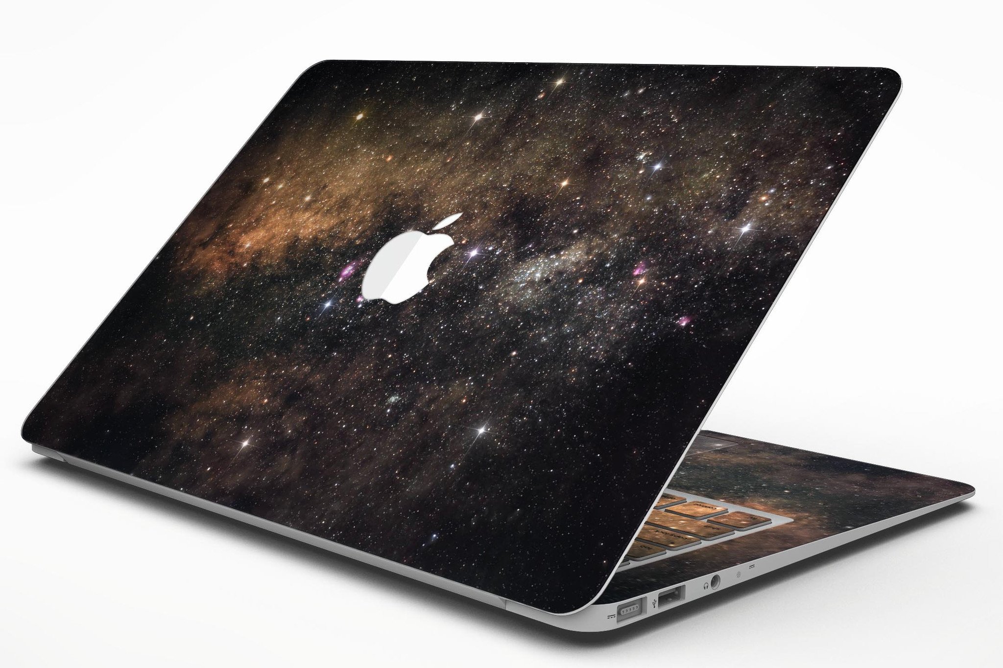 Gold Aura Space MacBook Air Skin Kit showcasing premium vinyl design with gloss finish.