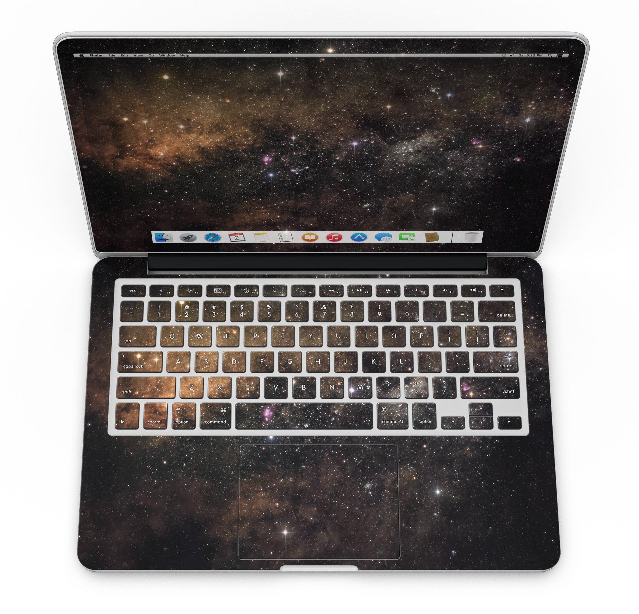 Gold Aura Space full-coverage skin for MacBook Pro with Retina Display, showcasing a stylish design and premium vinyl material.