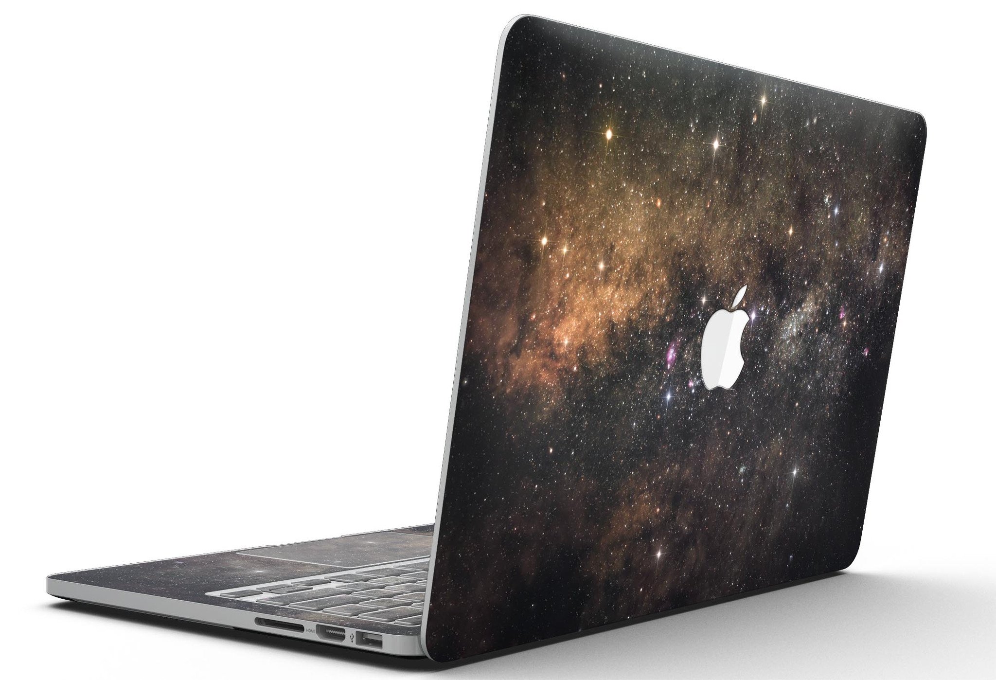 Gold Aura Space full-coverage skin for MacBook Pro with Retina Display, showcasing a stylish design and premium vinyl material.