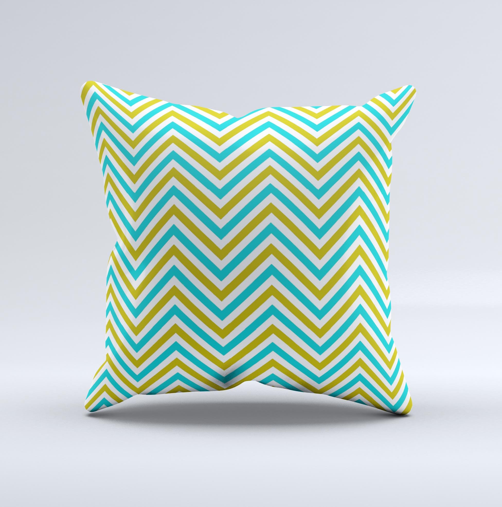 Gold and blue decorative throw pillow featuring a sharp chevron pattern, handcrafted in Virginia with high-quality materials.