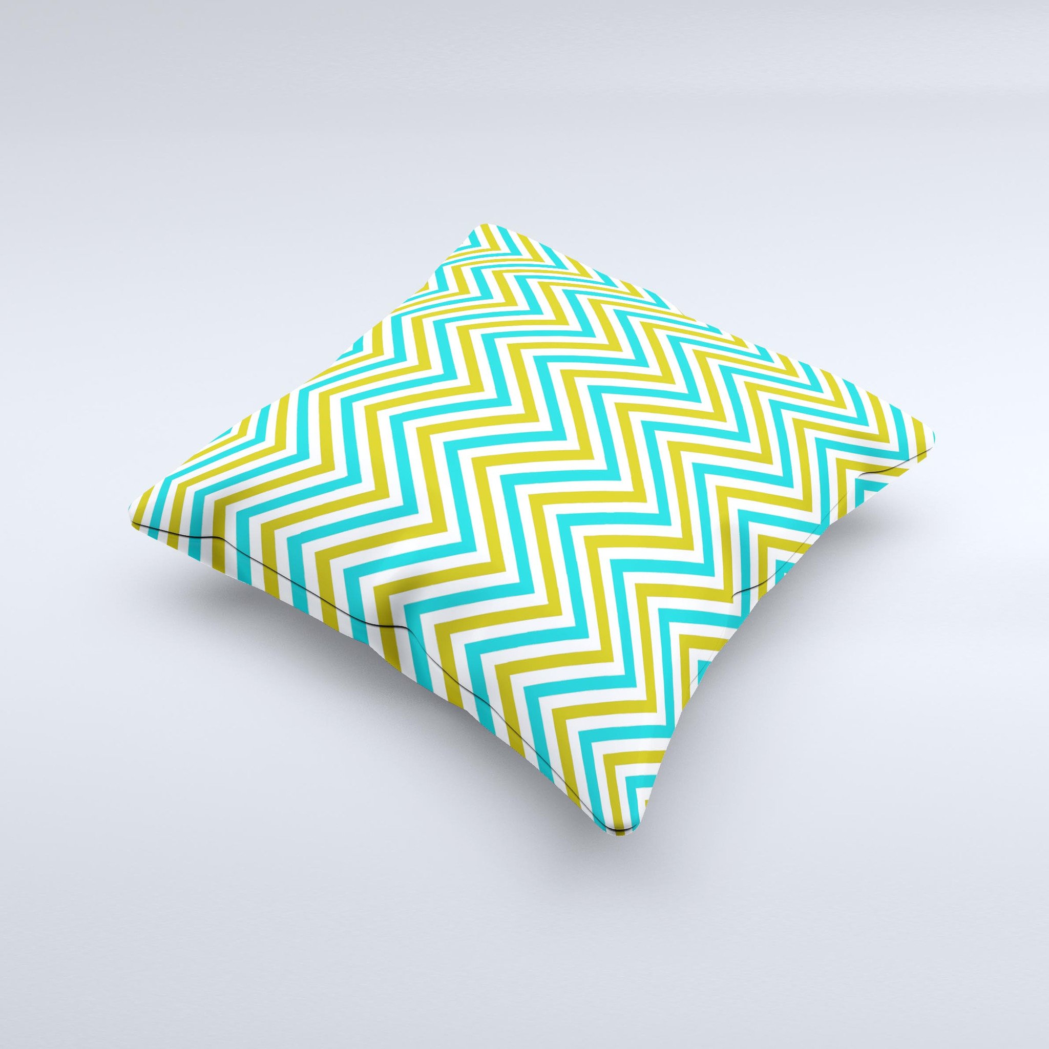 Gold and blue decorative throw pillow featuring a sharp chevron pattern, handcrafted in Virginia with high-quality materials.