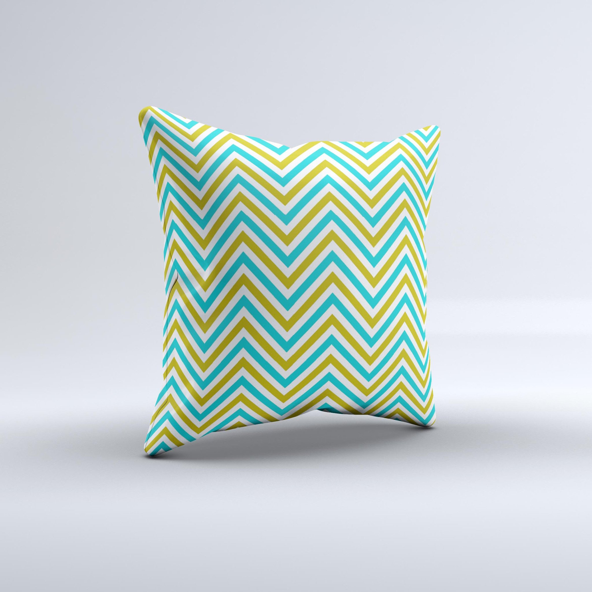 Gold and blue decorative throw pillow featuring a sharp chevron pattern, handcrafted in Virginia with high-quality materials.