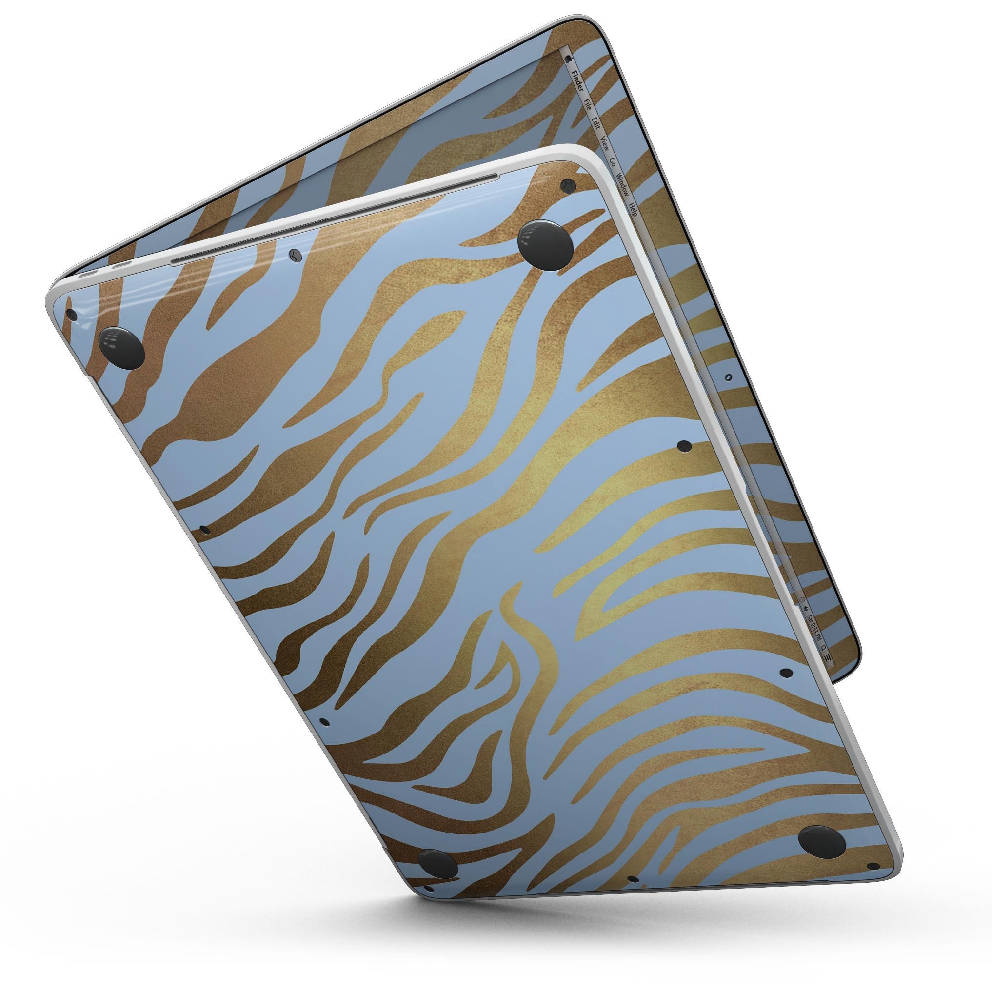 Gold Flaked Animal Blue Zebra skin for 13" MacBook Pro without Touch Bar, showcasing vibrant colors and unique design.