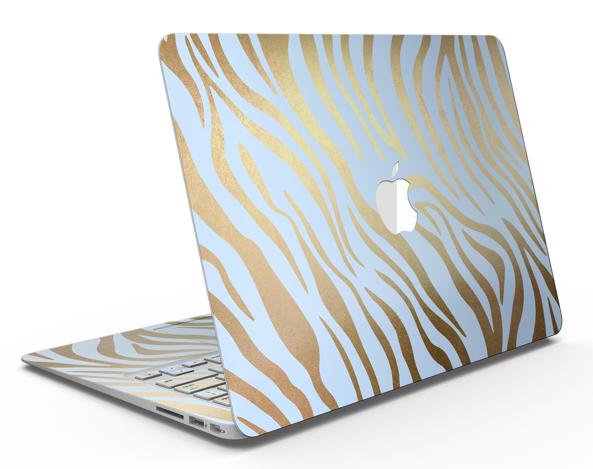 Gold Flaked Animal Blue Zebra MacBook Air Skin Kit showcasing vibrant design and premium vinyl material.