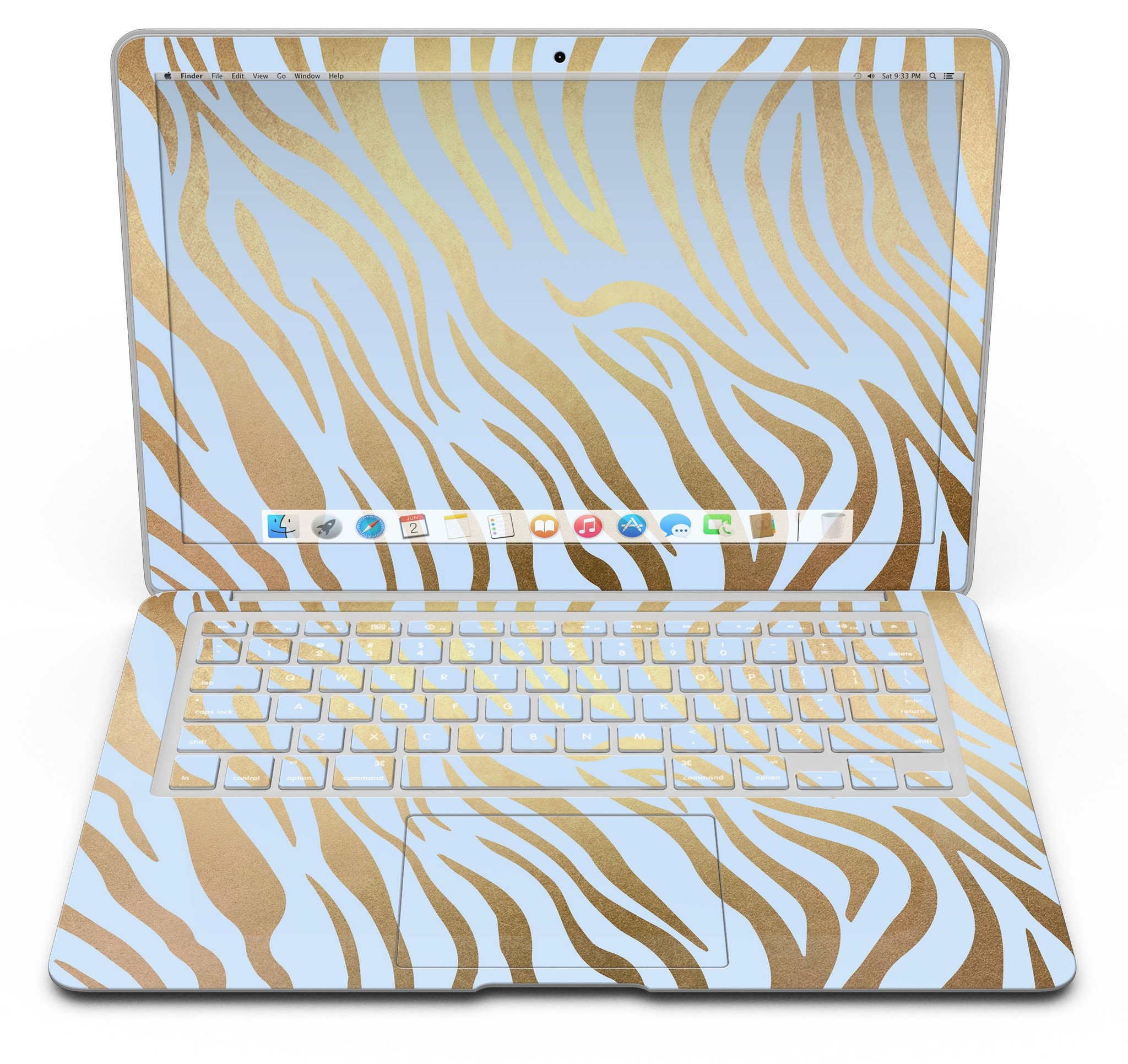 Gold Flaked Animal Blue Zebra MacBook Air Skin Kit showcasing vibrant design and premium vinyl material.