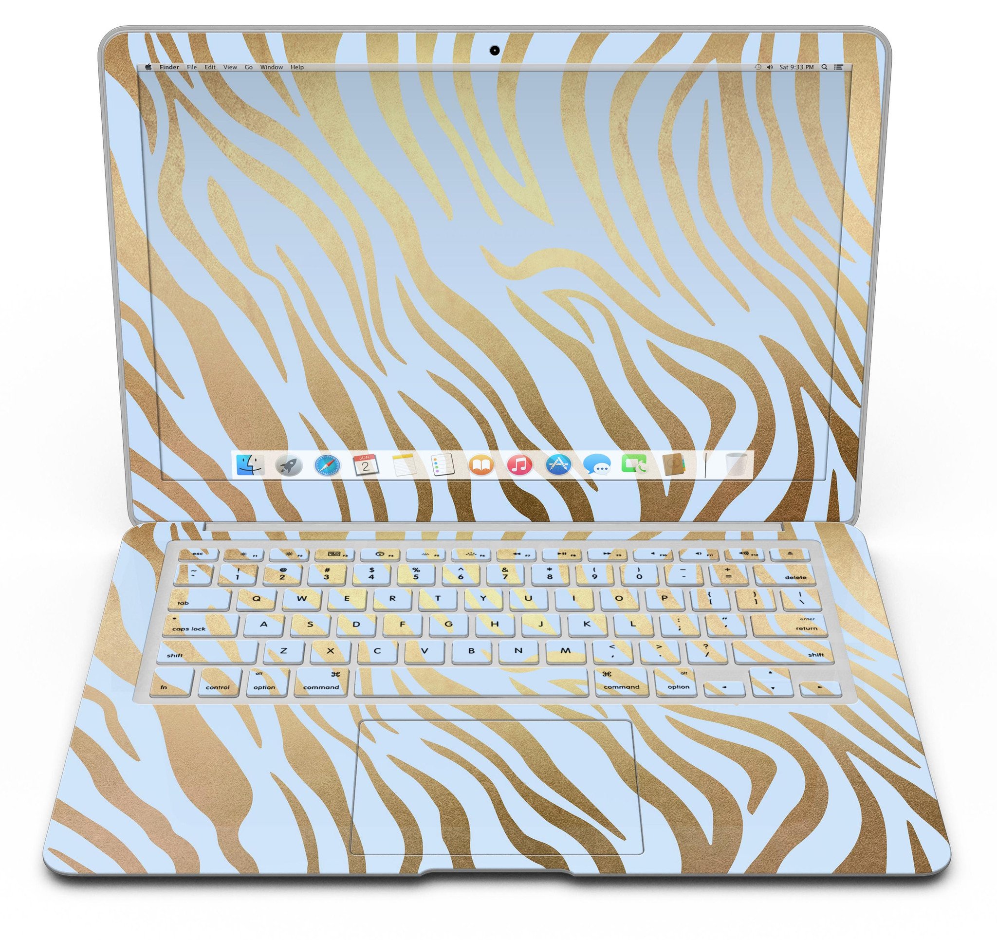 Gold Flaked Animal Blue Zebra MacBook Air Skin Kit showcasing vibrant design and premium vinyl material.