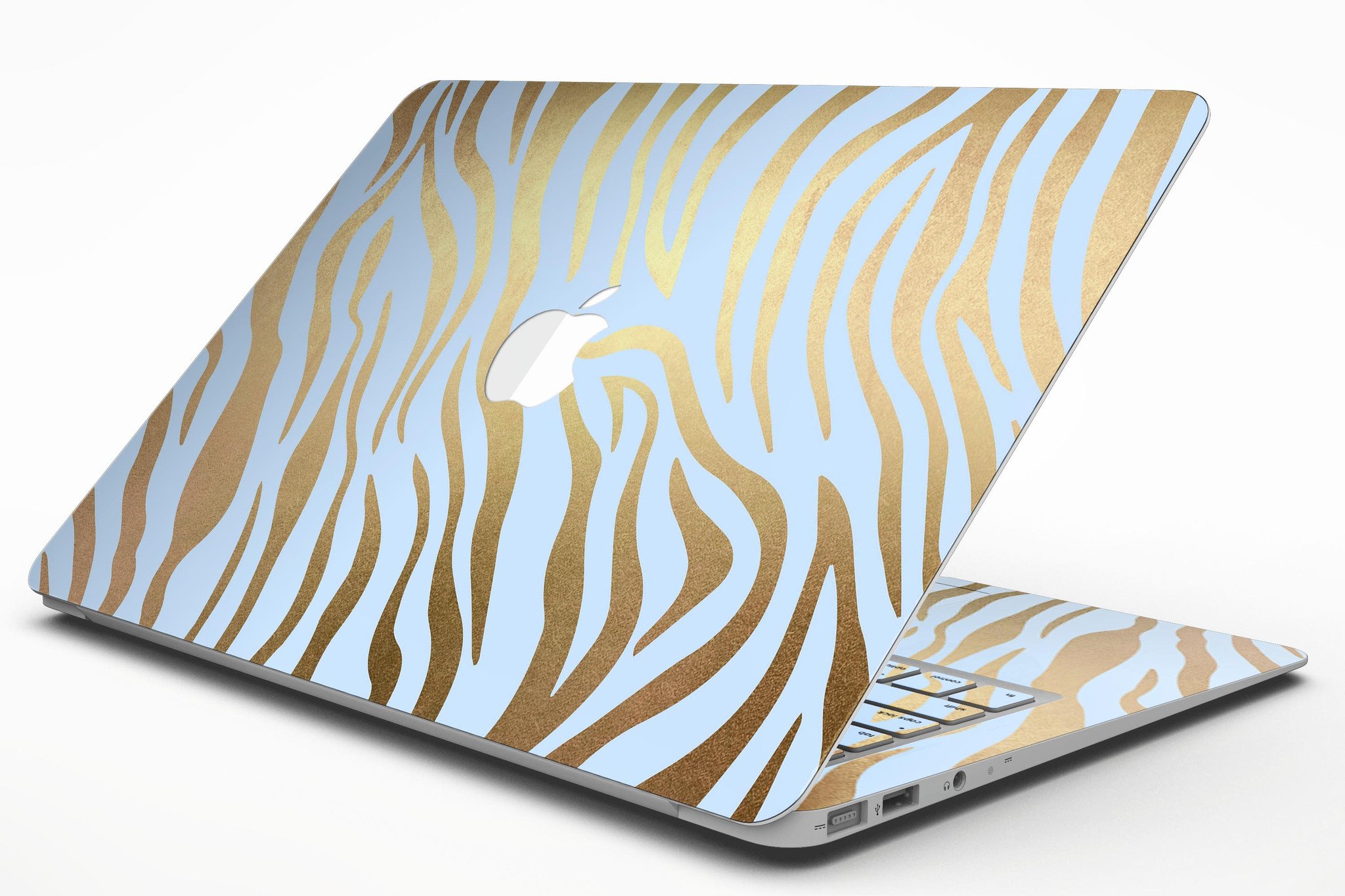 Gold Flaked Animal Blue Zebra MacBook Air Skin Kit showcasing vibrant design and premium vinyl material.