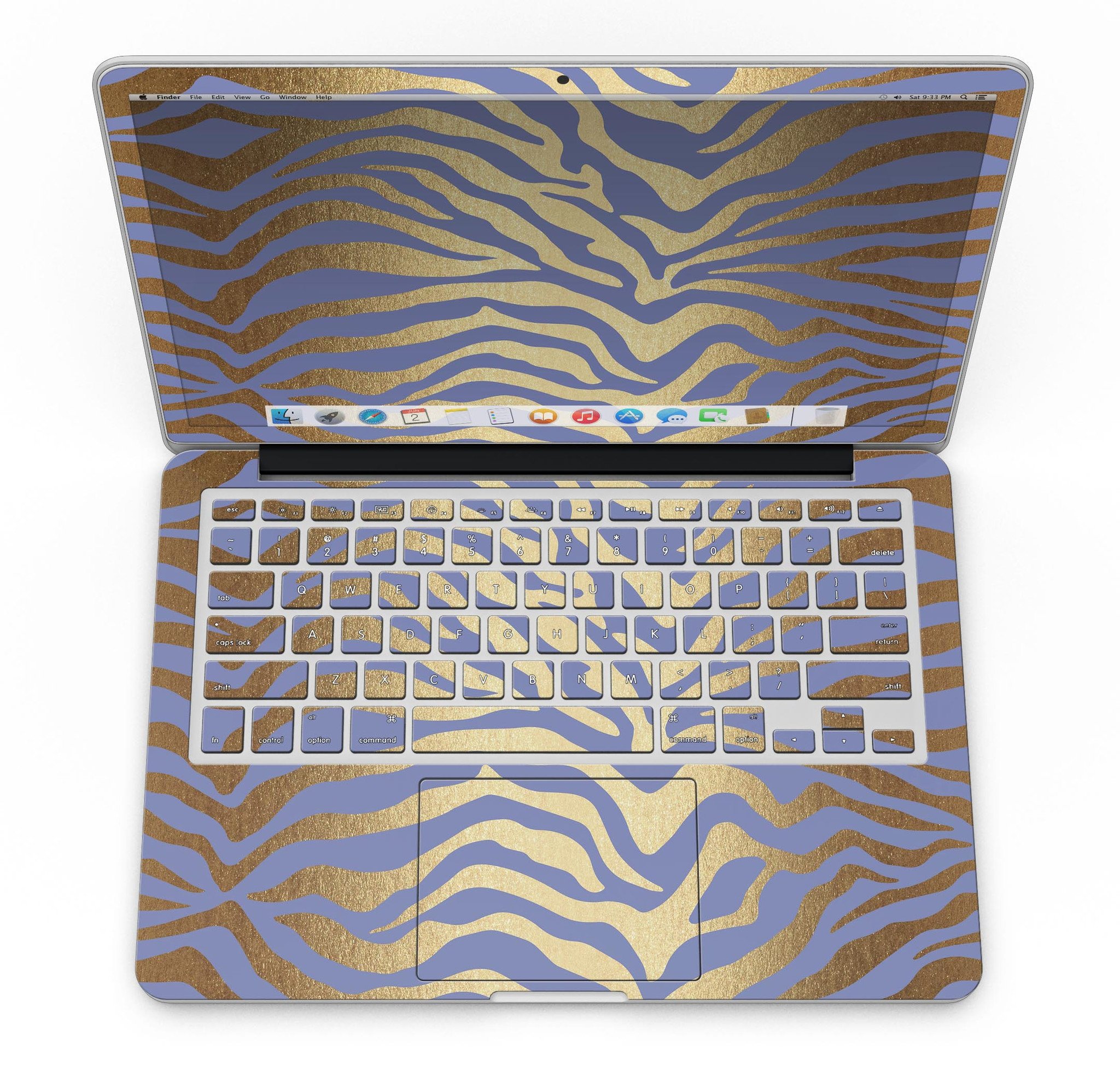 Gold Flaked Animal Blue Zebra skin for MacBook Pro with Retina Display, showcasing vibrant colors and unique design.