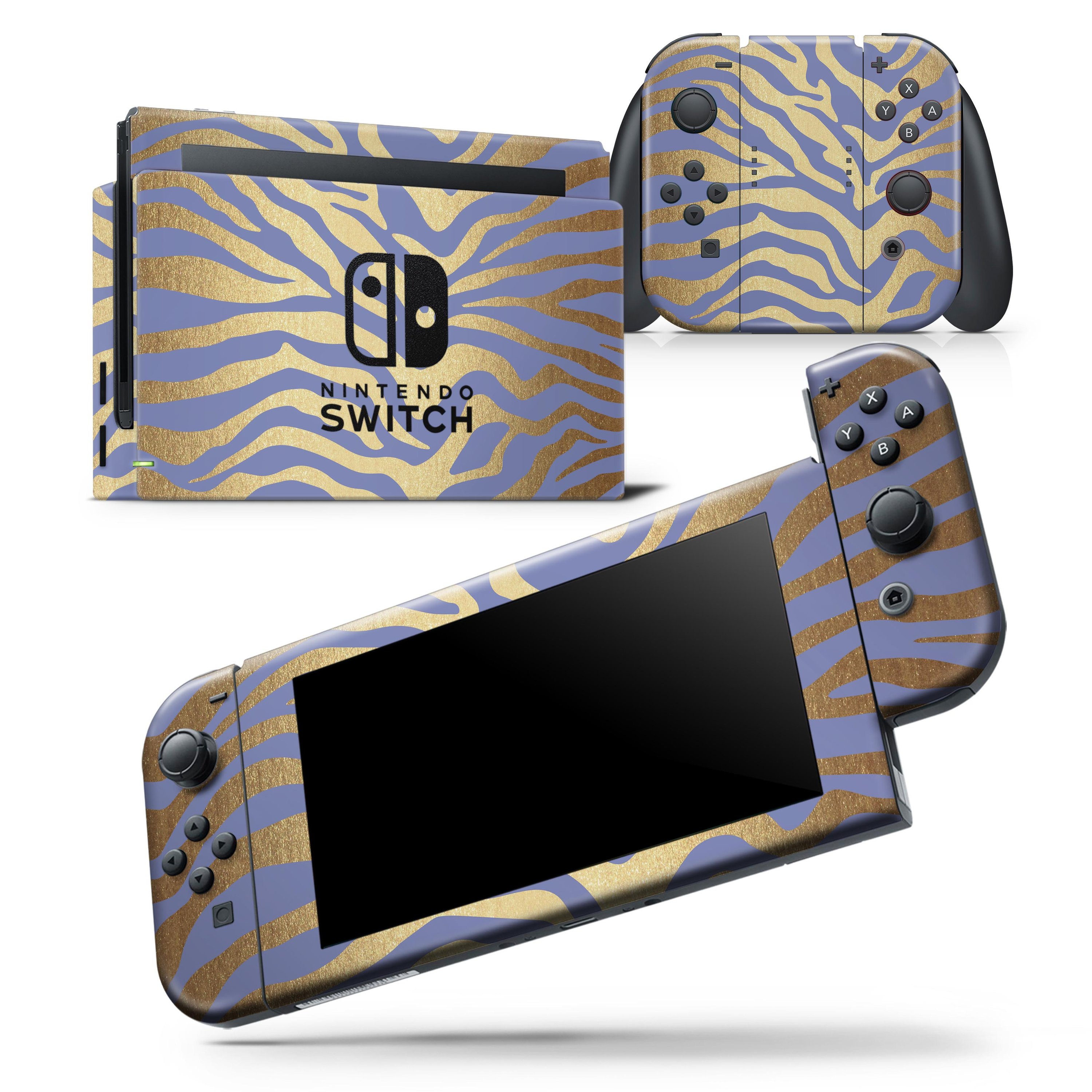 Gold Flaked Animal Blue Zebra skin wrap decal for Nintendo Switch, showcasing vibrant colors and unique design.