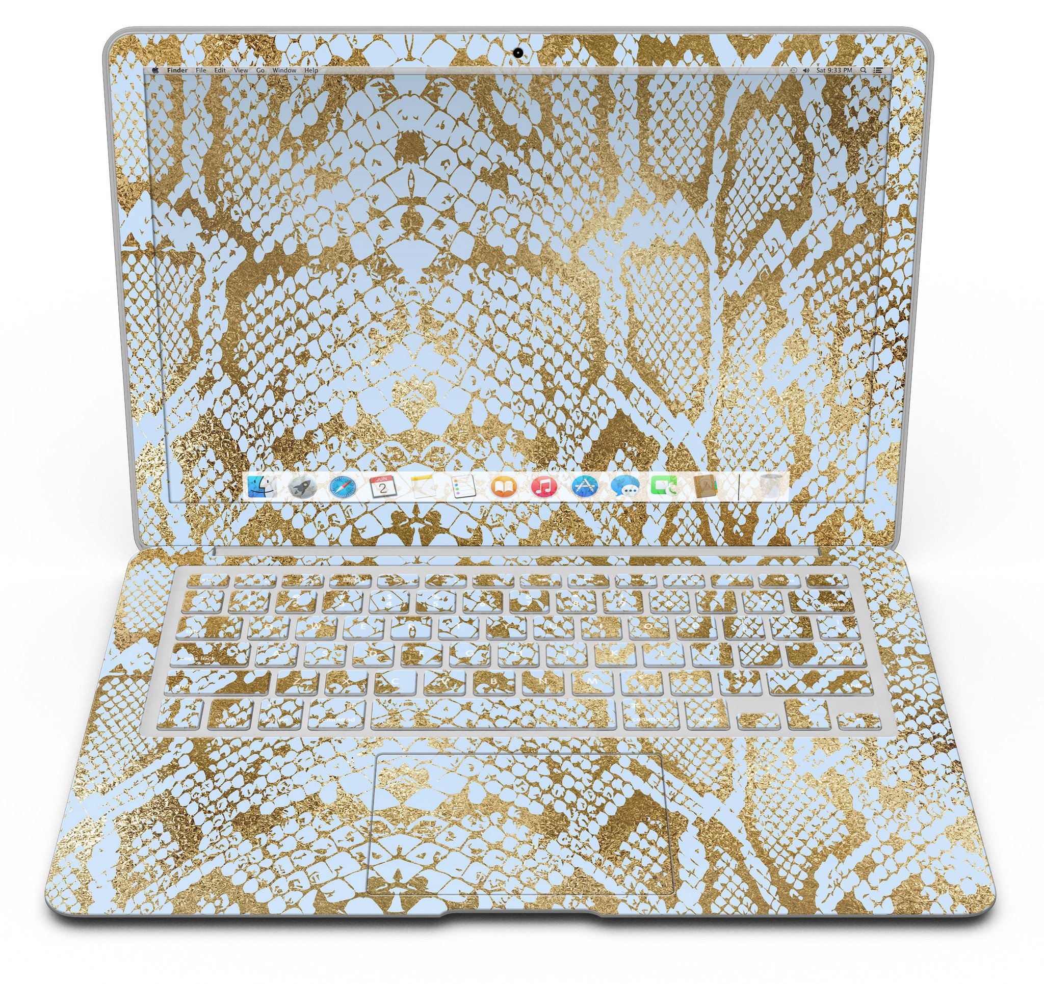 Gold Flaked Animal Laced Skin Kit for MacBook Air, showcasing a stylish design with vibrant gold flakes on a sleek vinyl surface.