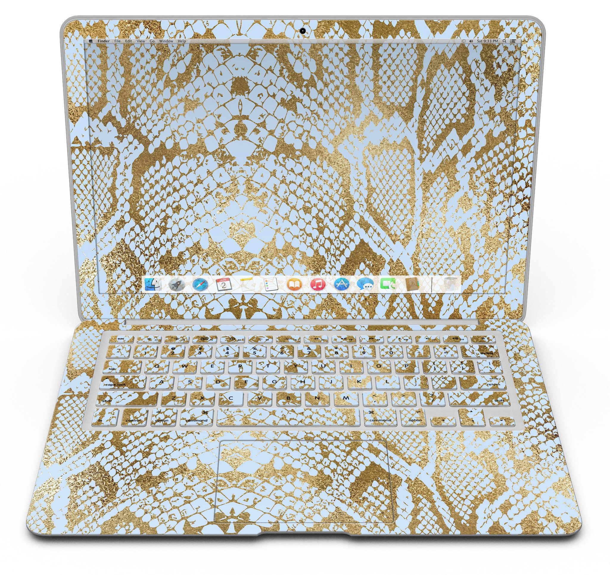 Gold Flaked Animal Laced Skin Kit for MacBook Air, showcasing a stylish design with vibrant gold flakes on a sleek vinyl surface.