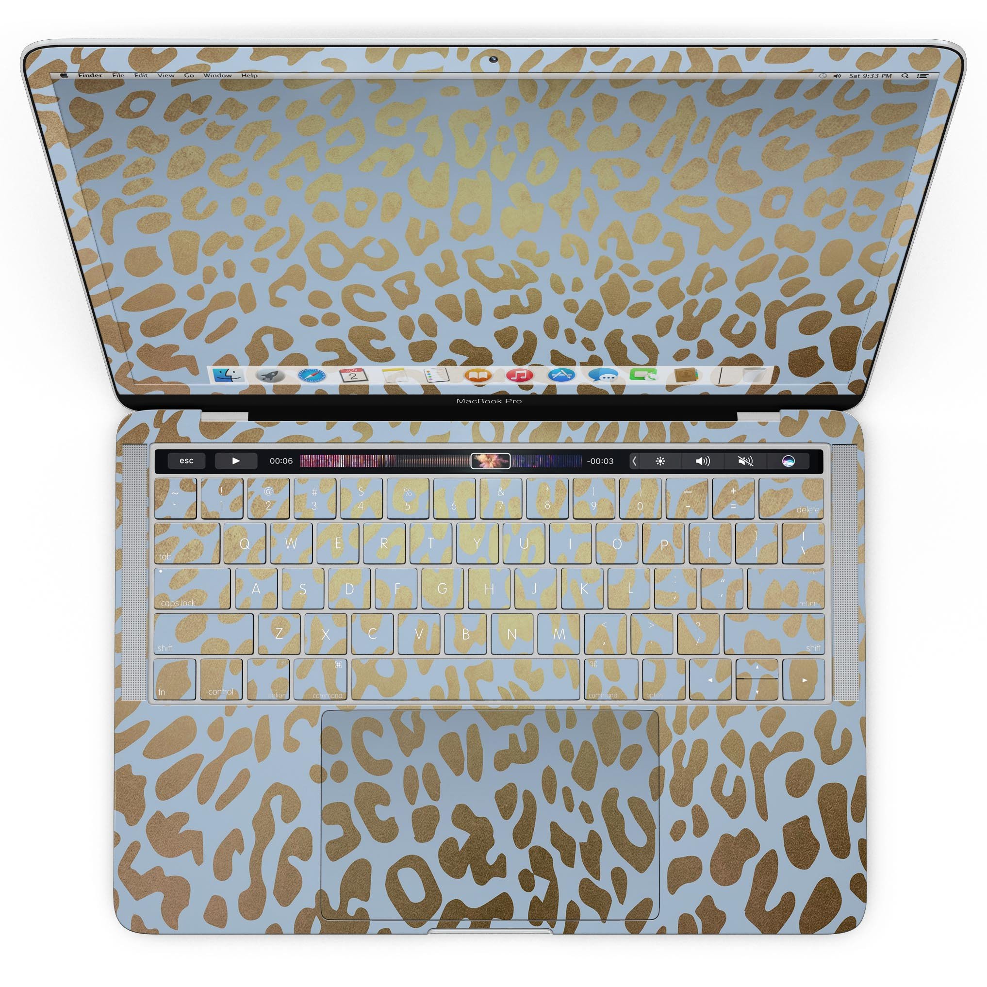 Gold Flaked Animal Light Blue skin kit for MacBook Pro with Touch Bar, showcasing a stylish design and premium vinyl material.