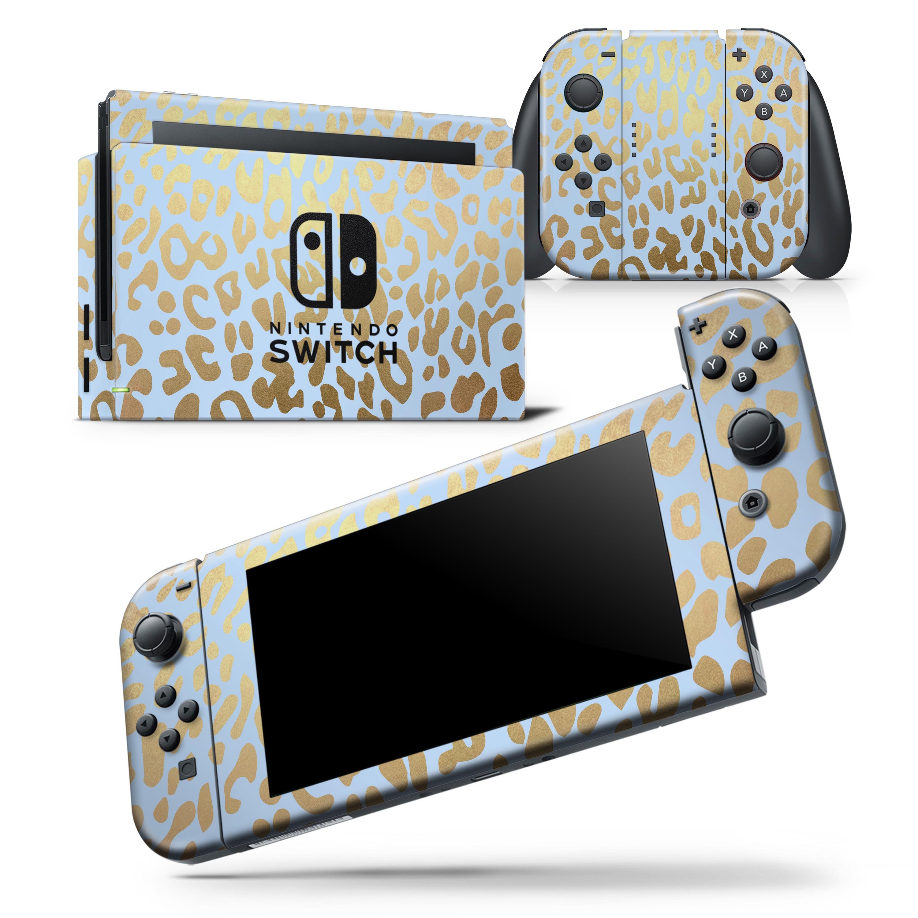 Gold Flaked Animal Light Blue skin wrap decal for Nintendo Switch, showcasing a vibrant design that fits the console and controllers perfectly.