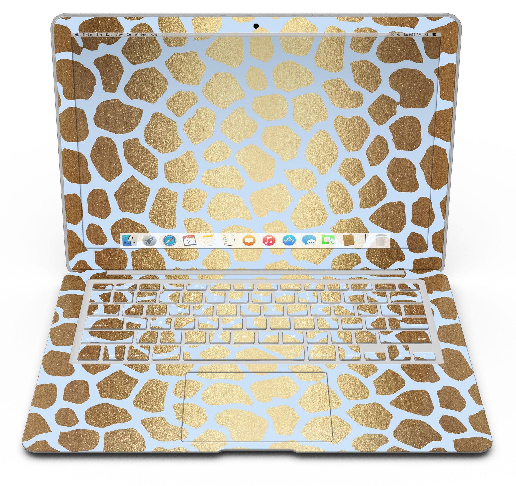 Gold Flaked Animal Light Blue Skin Kit for MacBook Air, showcasing a stylish design with vibrant colors and a premium vinyl finish.