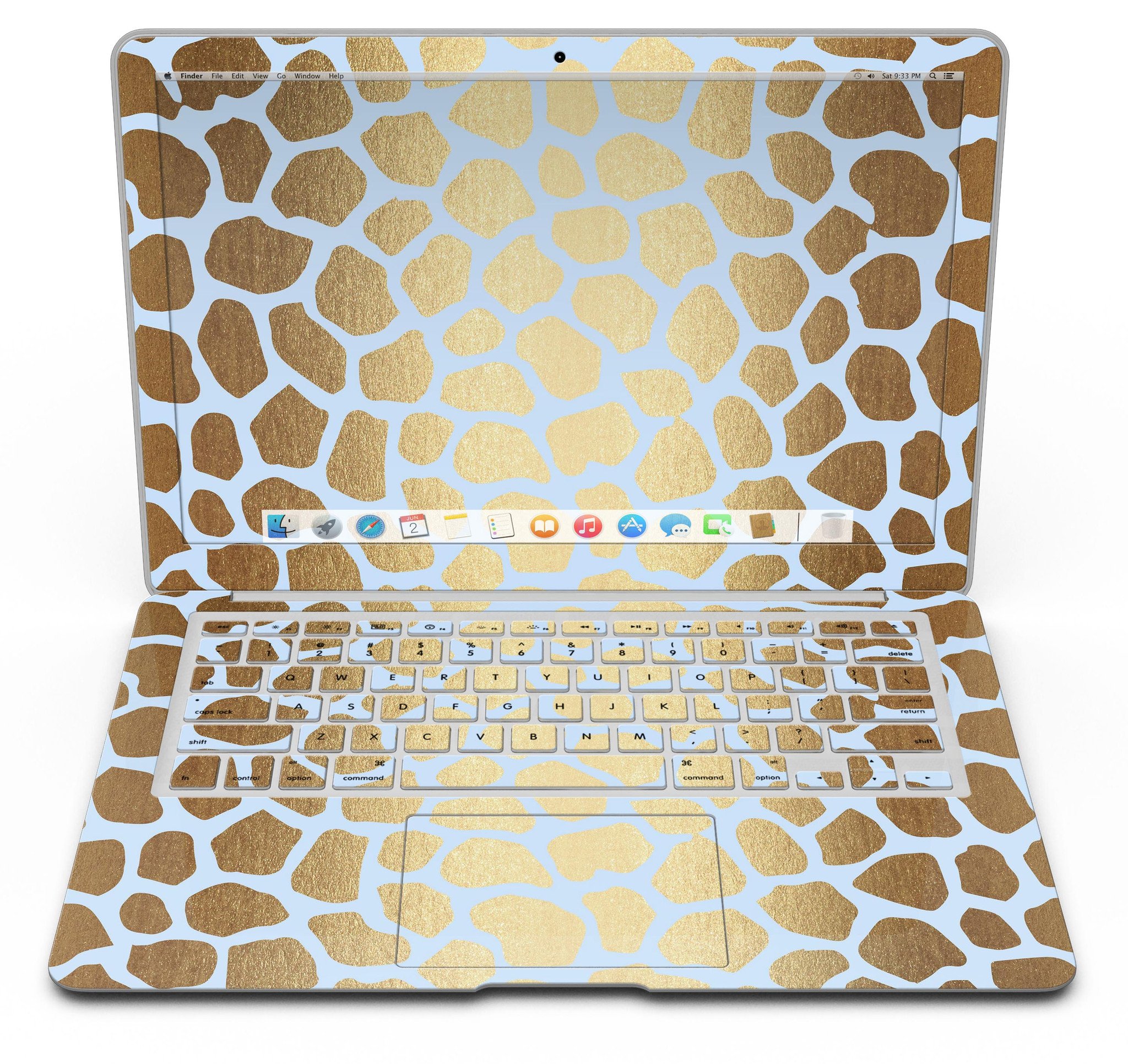 Gold Flaked Animal Light Blue Skin Kit for MacBook Air, showcasing a stylish design with vibrant colors and a premium vinyl finish.