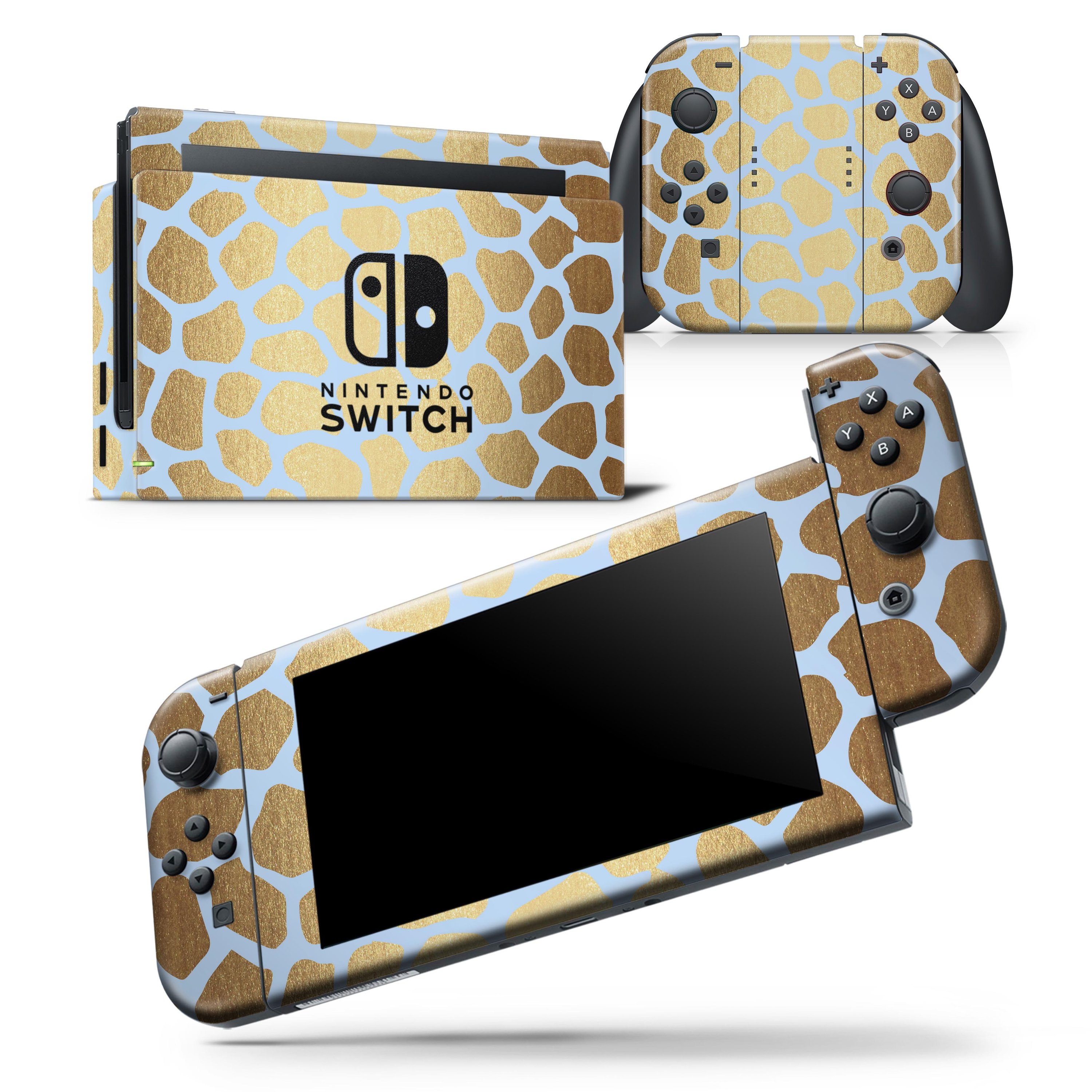 Gold Flaked Animal Light Blue skin wrap decal for Nintendo Switch, showcasing a stylish design that fits the console and controllers perfectly.