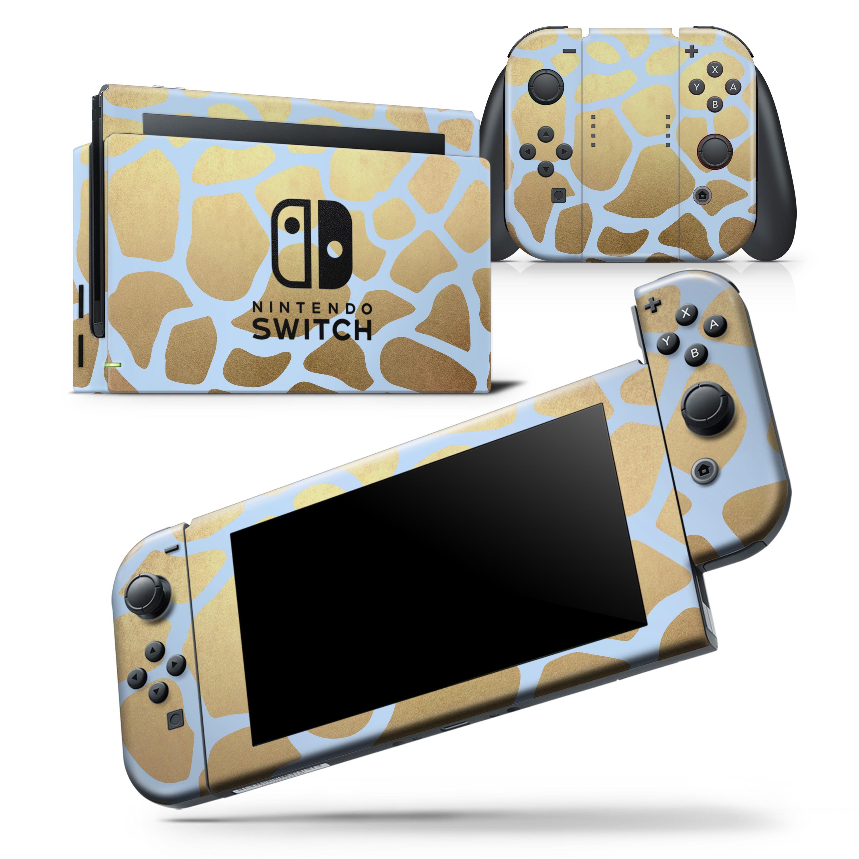 Gold Flaked Animal Light Blue skin wrap decal for Nintendo Switch, showcasing a unique design that fits the console and controllers perfectly.