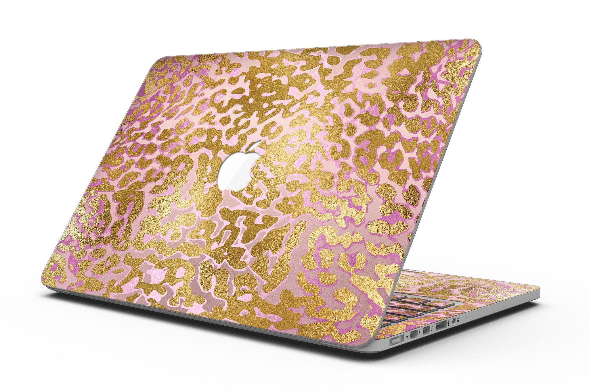 Gold Flaked Animal Pink skin for MacBook Pro with Retina Display, showcasing a stylish design that protects the device.