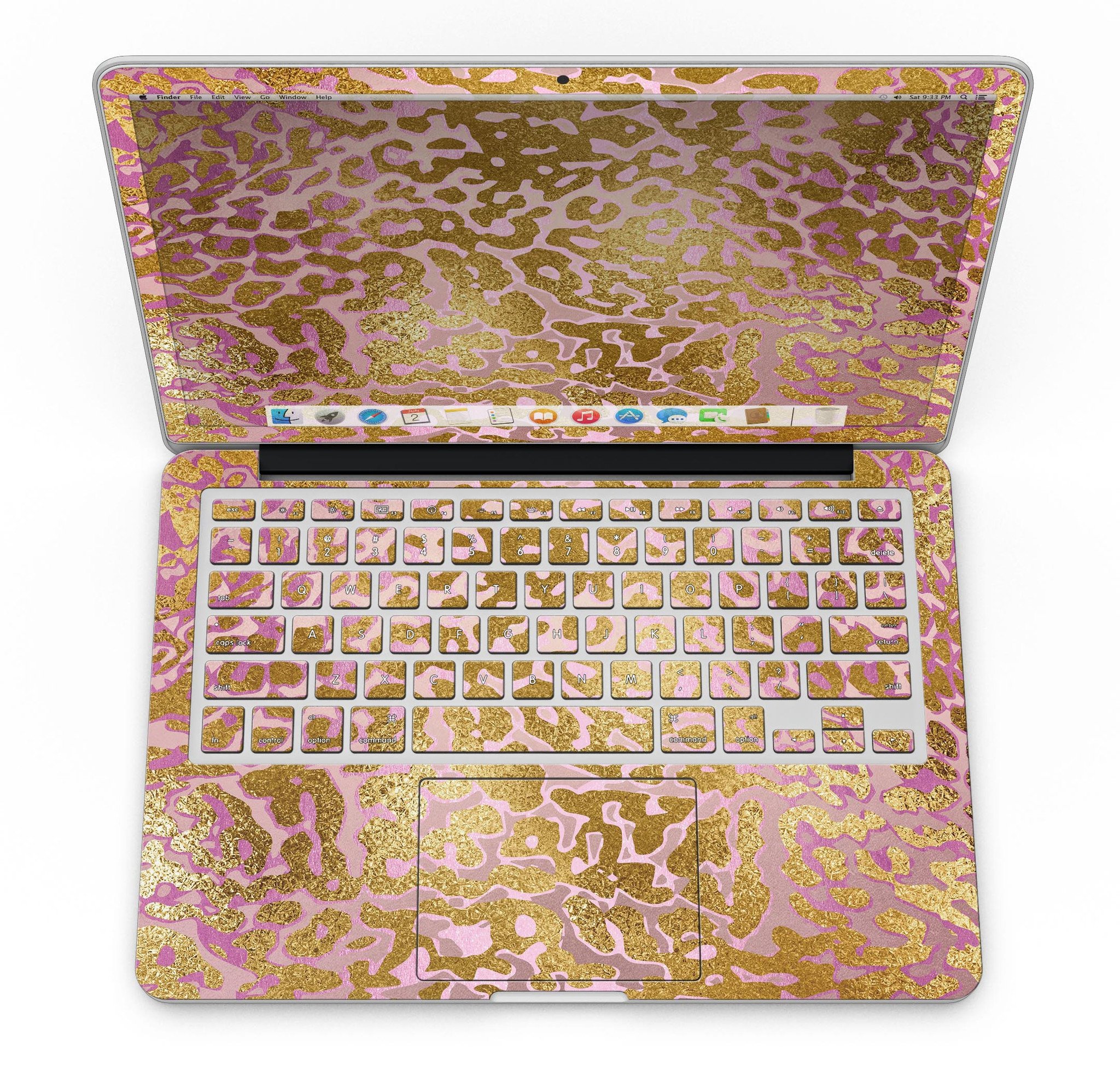 Gold Flaked Animal Pink skin for MacBook Pro with Retina Display, showcasing a stylish design that protects the device.