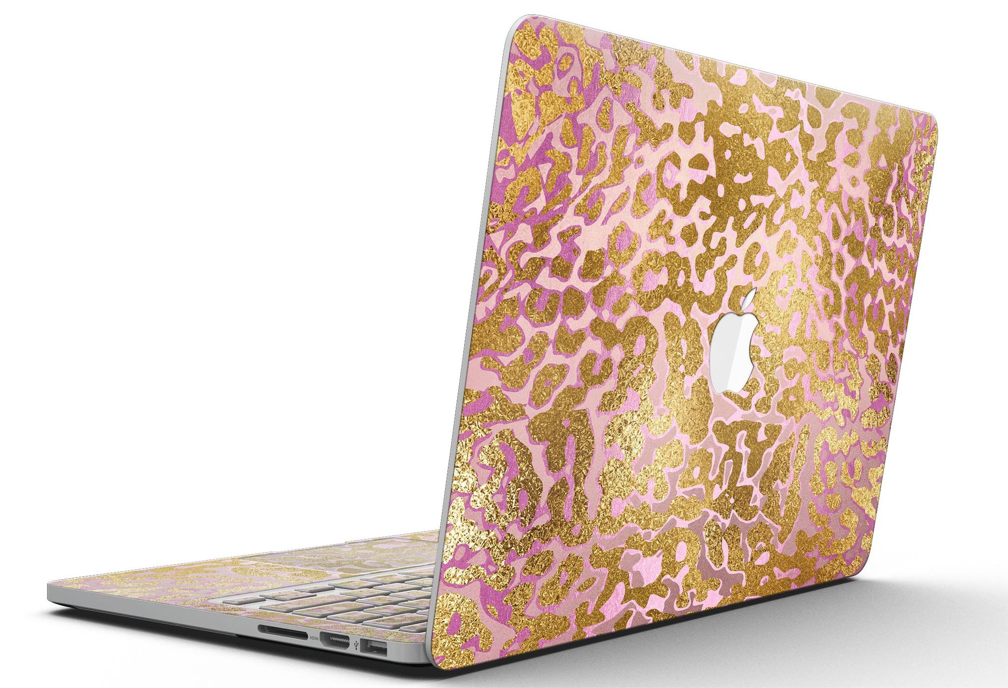 Gold Flaked Animal Pink skin for MacBook Pro with Retina Display, showcasing a stylish design that protects the device.