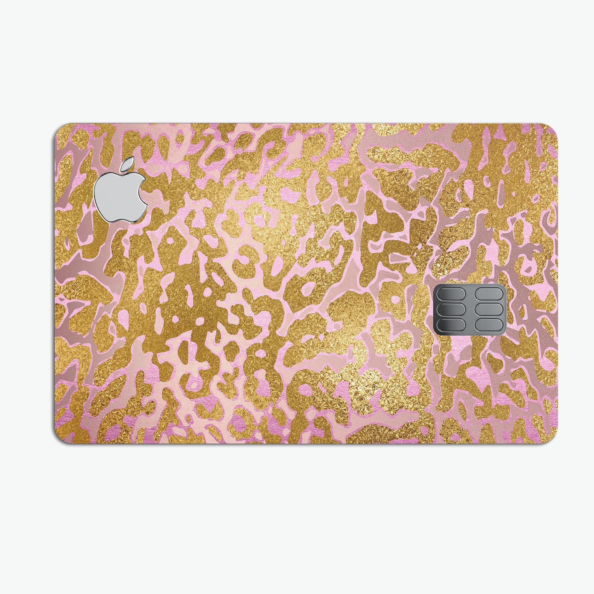 Gold Flaked Animal Pink skin kit for Apple Card, showcasing premium vinyl design and protective features.