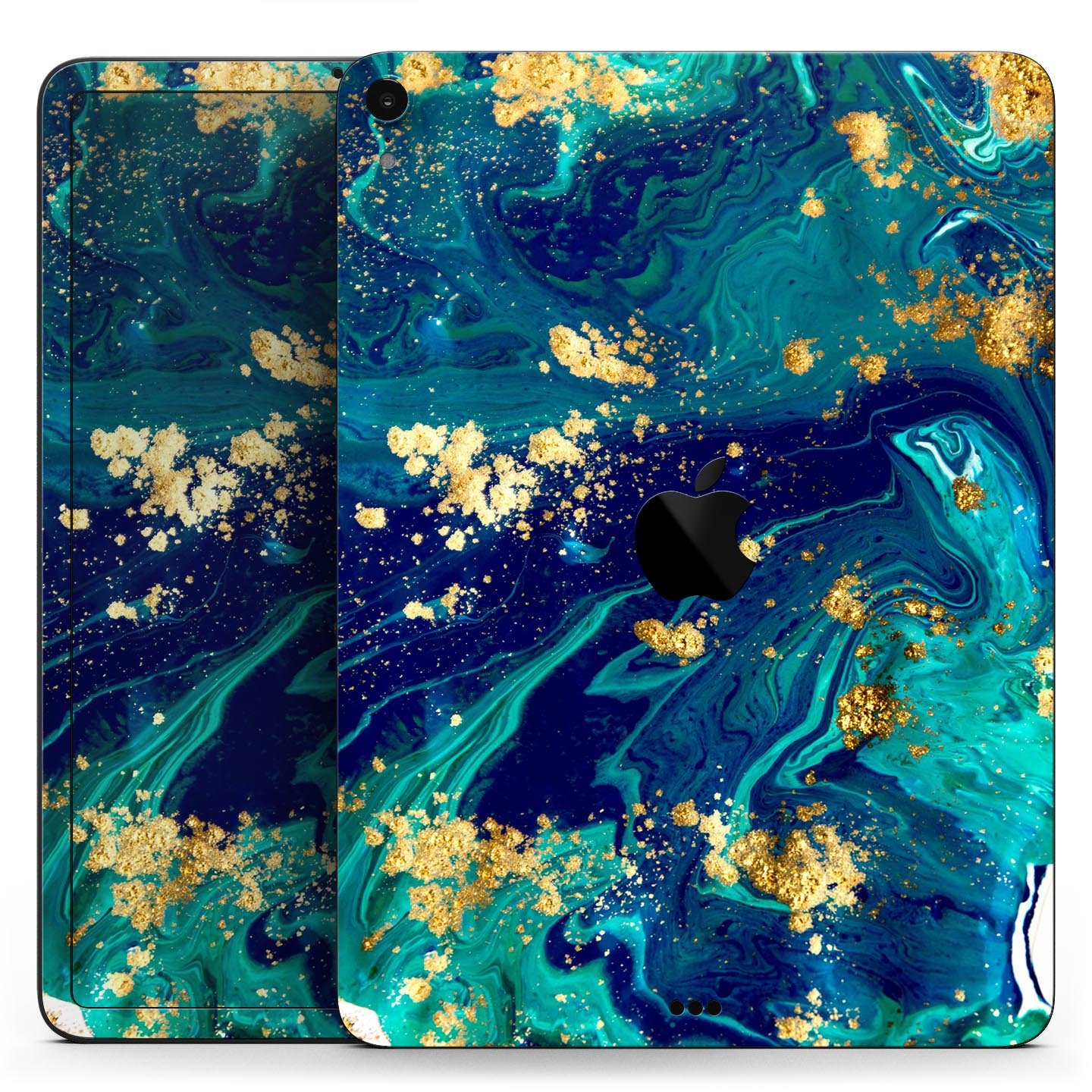 Gold Flaked Teal Oil skin decal for Apple iPad Pro, showcasing its elegant design and premium finish.