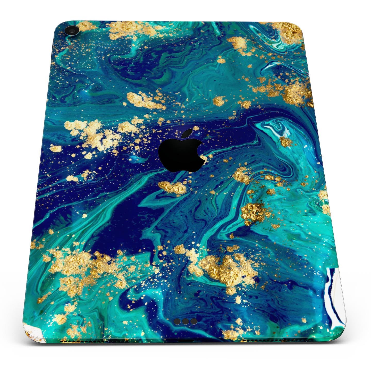 Gold Flaked Teal Oil skin decal for Apple iPad Pro, showcasing its elegant design and premium finish.