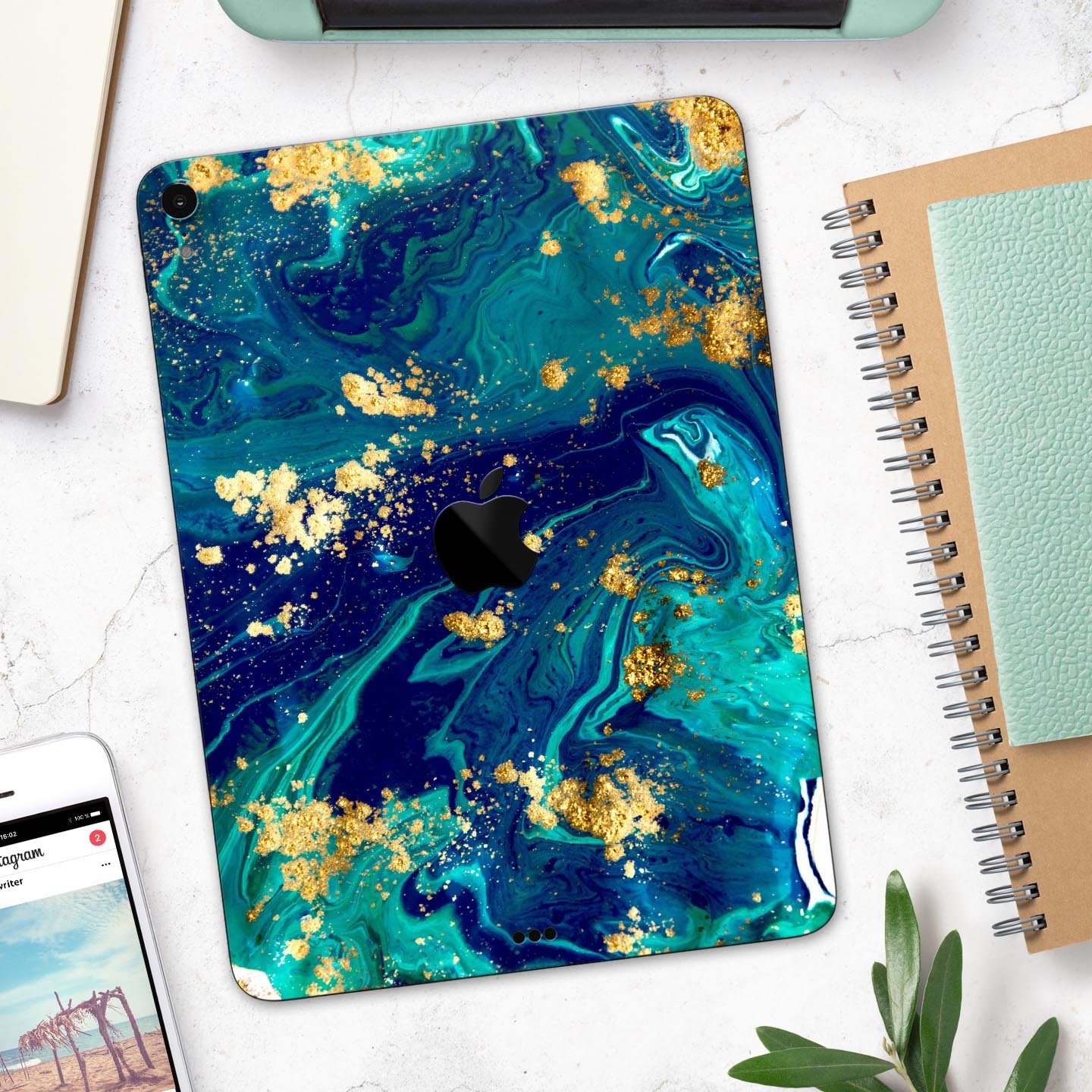 Gold Flaked Teal Oil skin decal for Apple iPad Pro, showcasing its elegant design and premium finish.