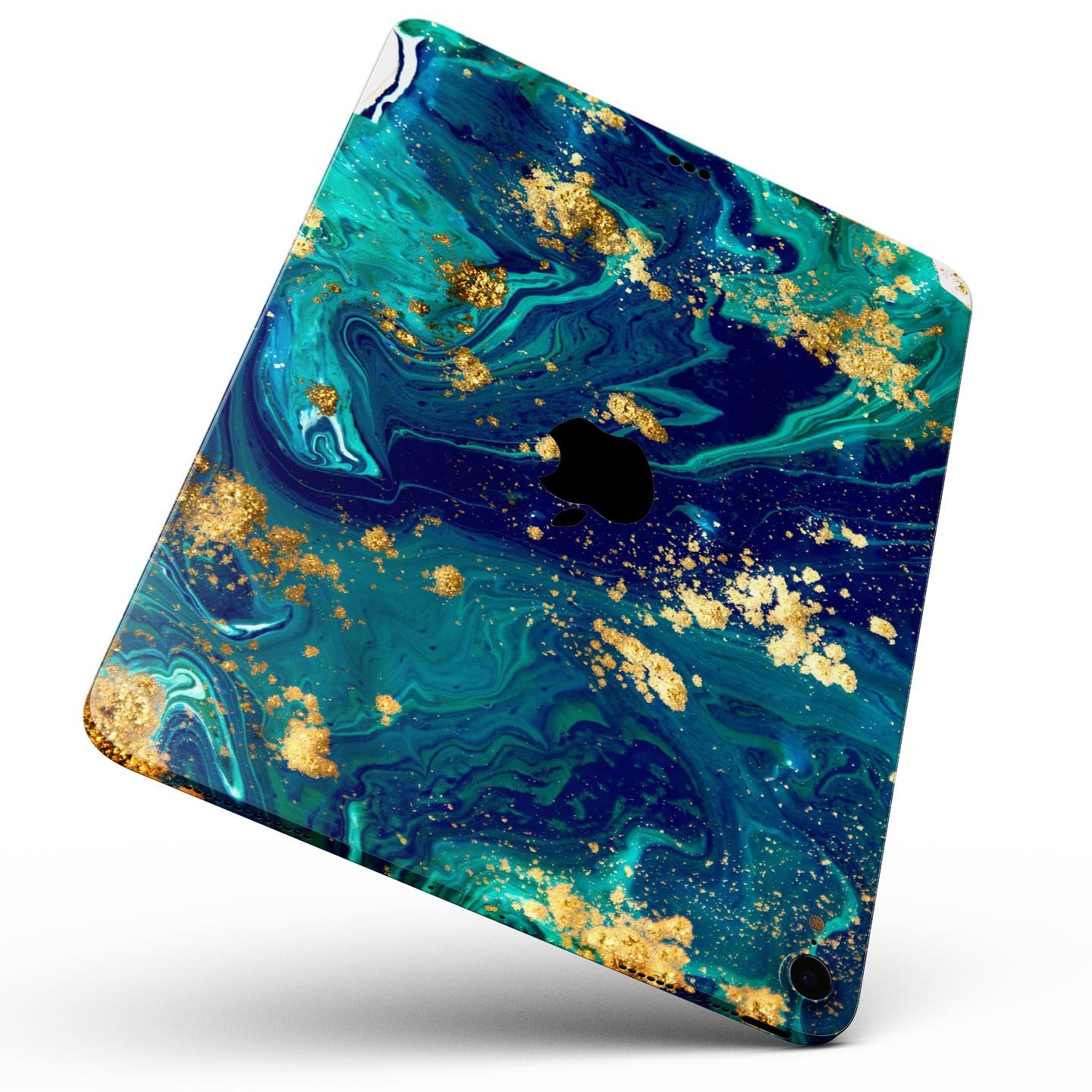 Gold Flaked Teal Oil skin decal for Apple iPad Pro, showcasing its elegant design and premium finish.