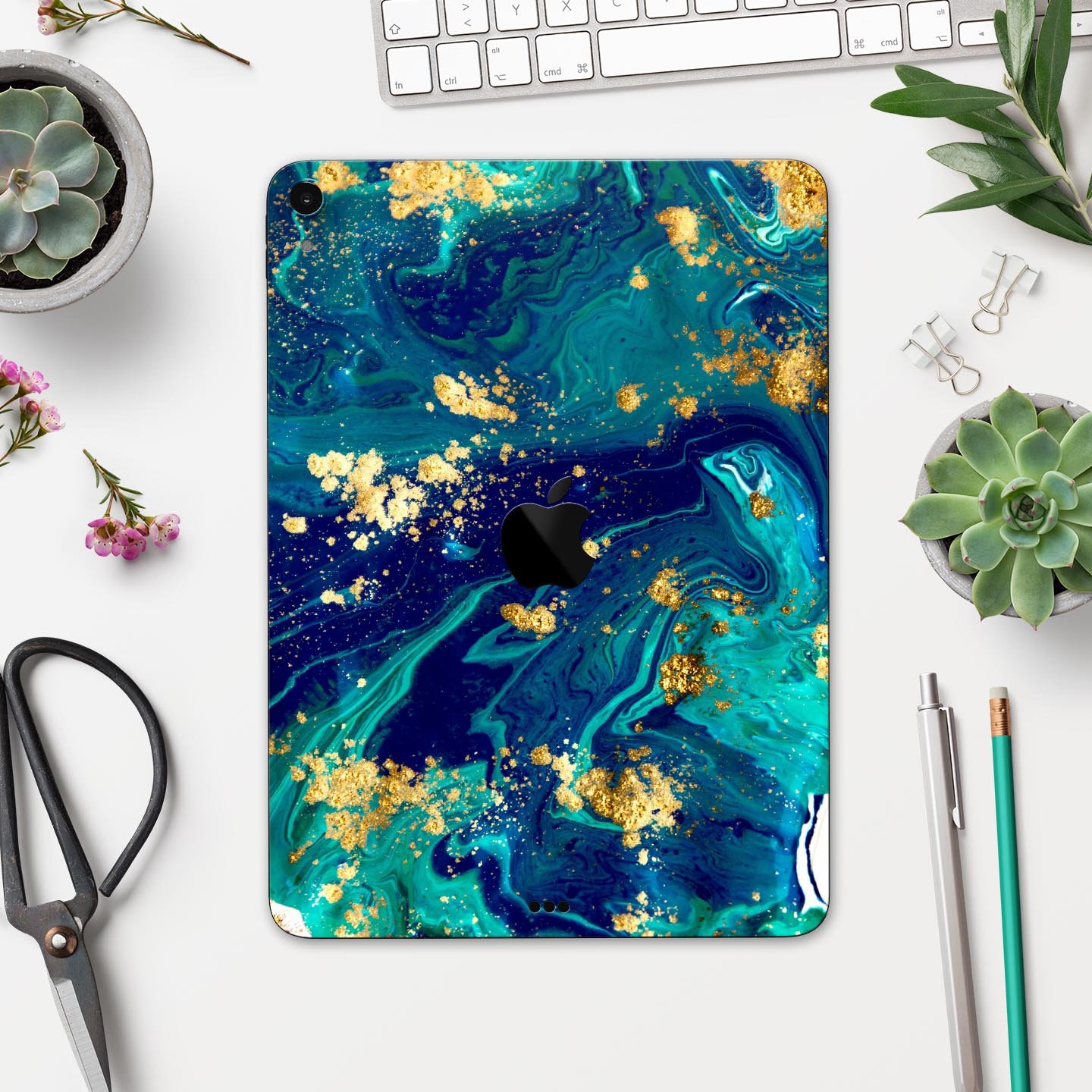 Gold Flaked Teal Oil skin decal for Apple iPad Pro, showcasing its elegant design and premium finish.