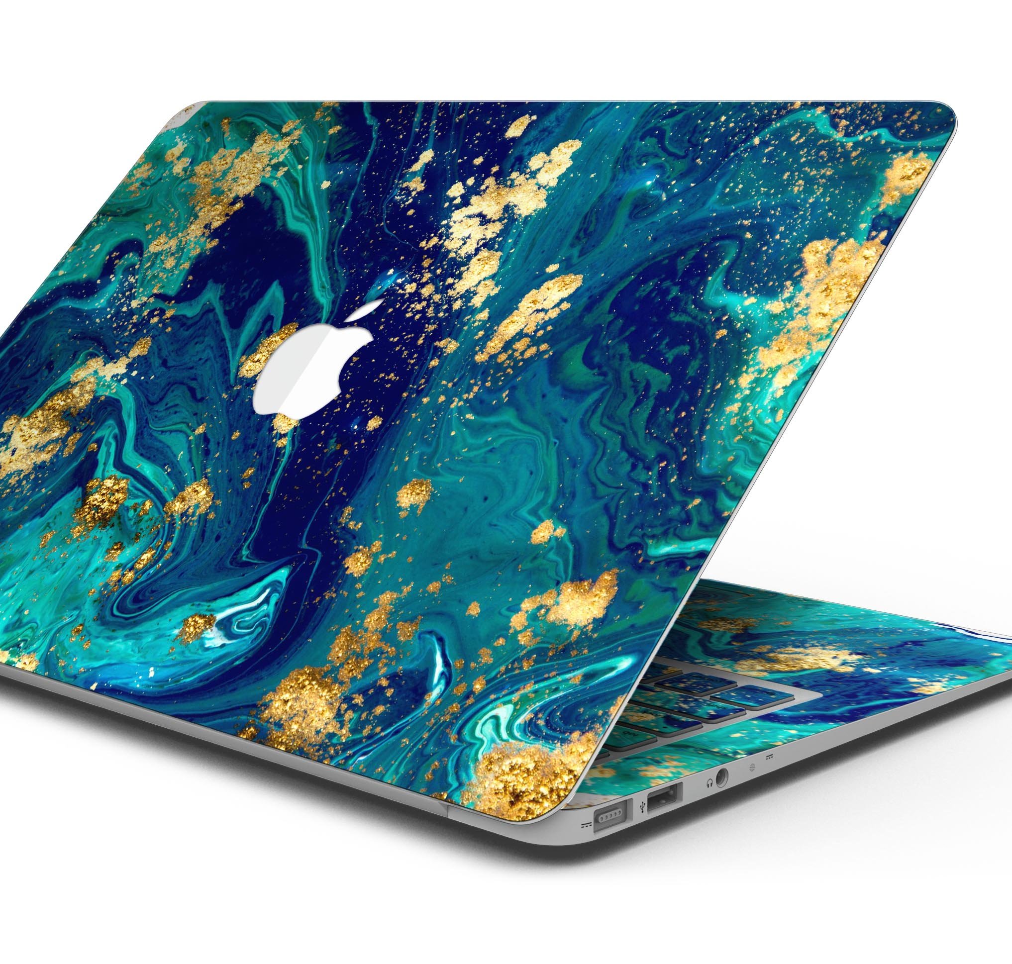 Gold Flaked Teal Oil Skin Decal Wrap Kit for Apple MacBook, showcasing a vibrant design and premium vinyl material.