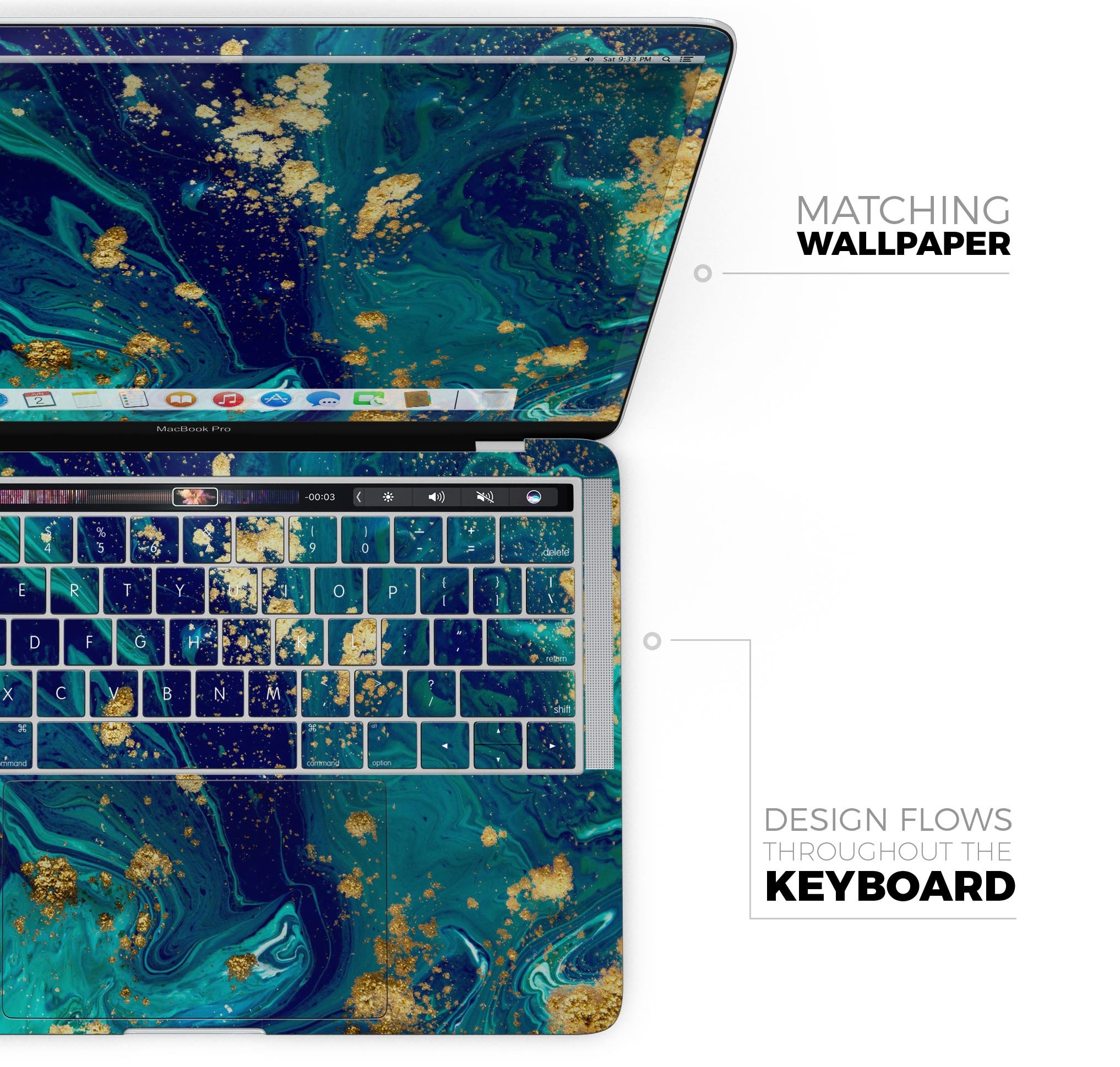 Gold Flaked Teal Oil Skin Decal Wrap Kit for Apple MacBook, showcasing a vibrant design and premium vinyl material.